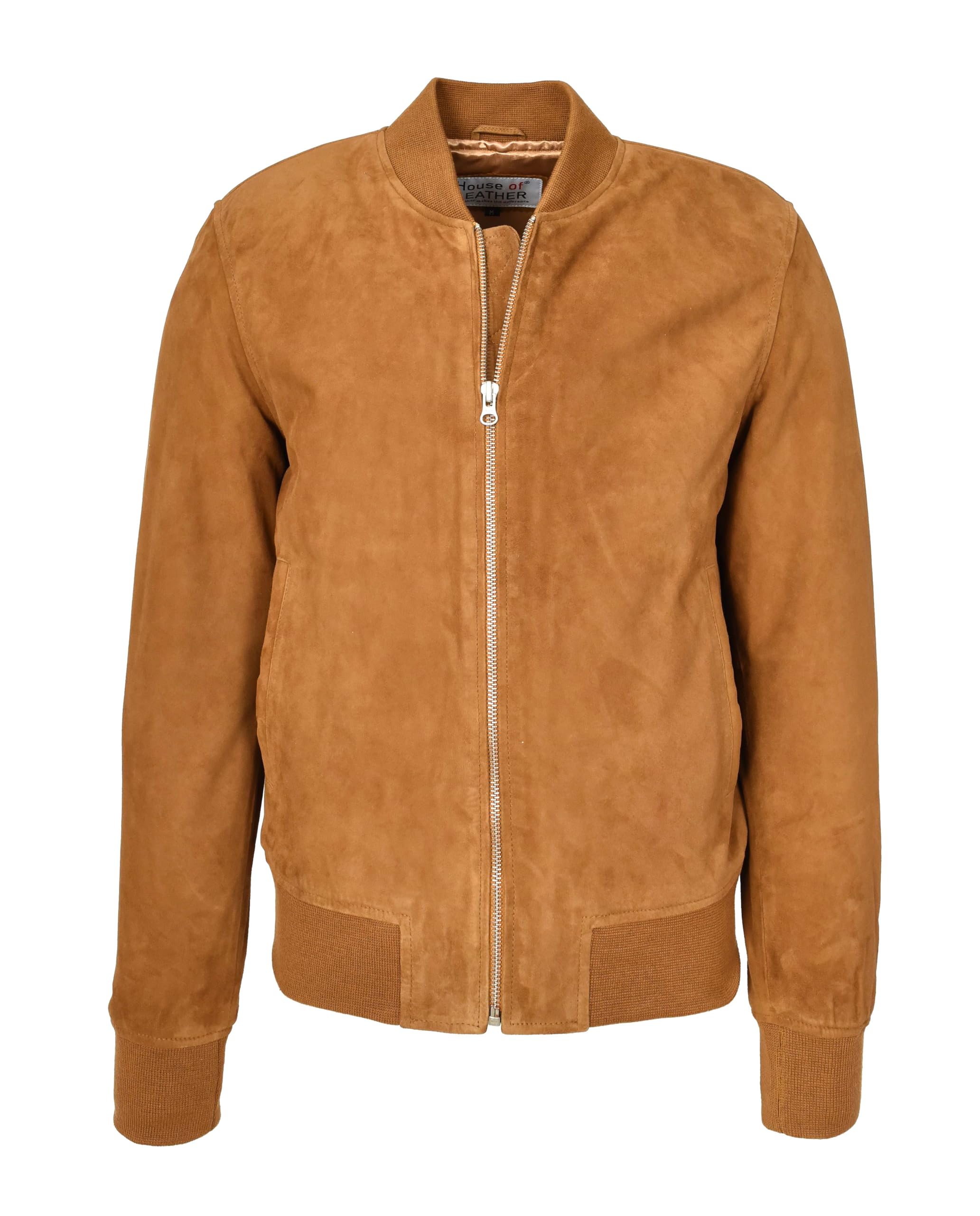 House Of Leather Men's Cognac Real Goat Suede Bomber Jacket Ma-1 Varsity Design Ryan (Uk, Alpha, L, Regular, Regular, )