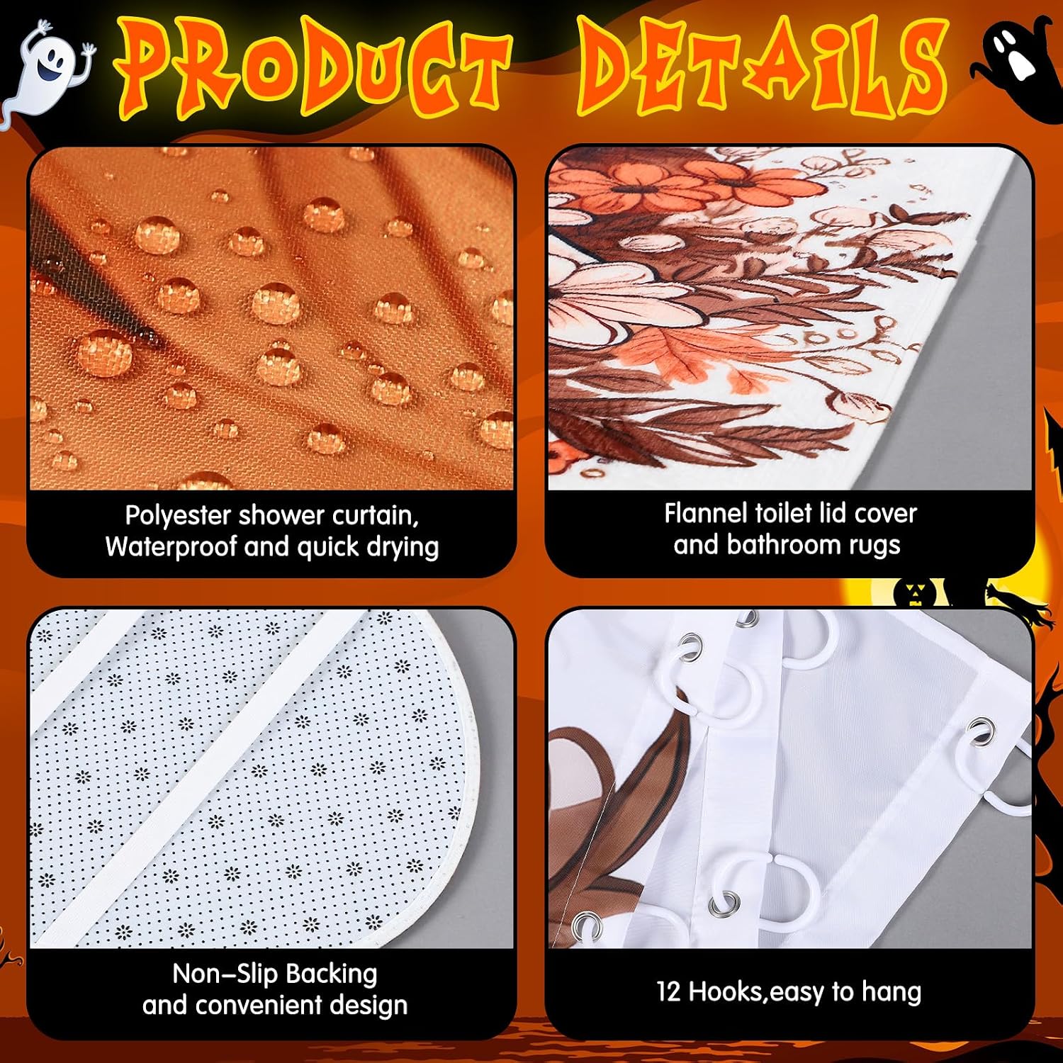 Fanfanwin 7 Pcs Fall Halloween Shower Curtains Set for Bathroom Include Ghost Pumpkin Autumn Floral Shower Curtain with 12 Hooks 3 Towels 1 Bathroom Mat 1 U Shaped Toilet Mat 1 Toilet Lid Cover