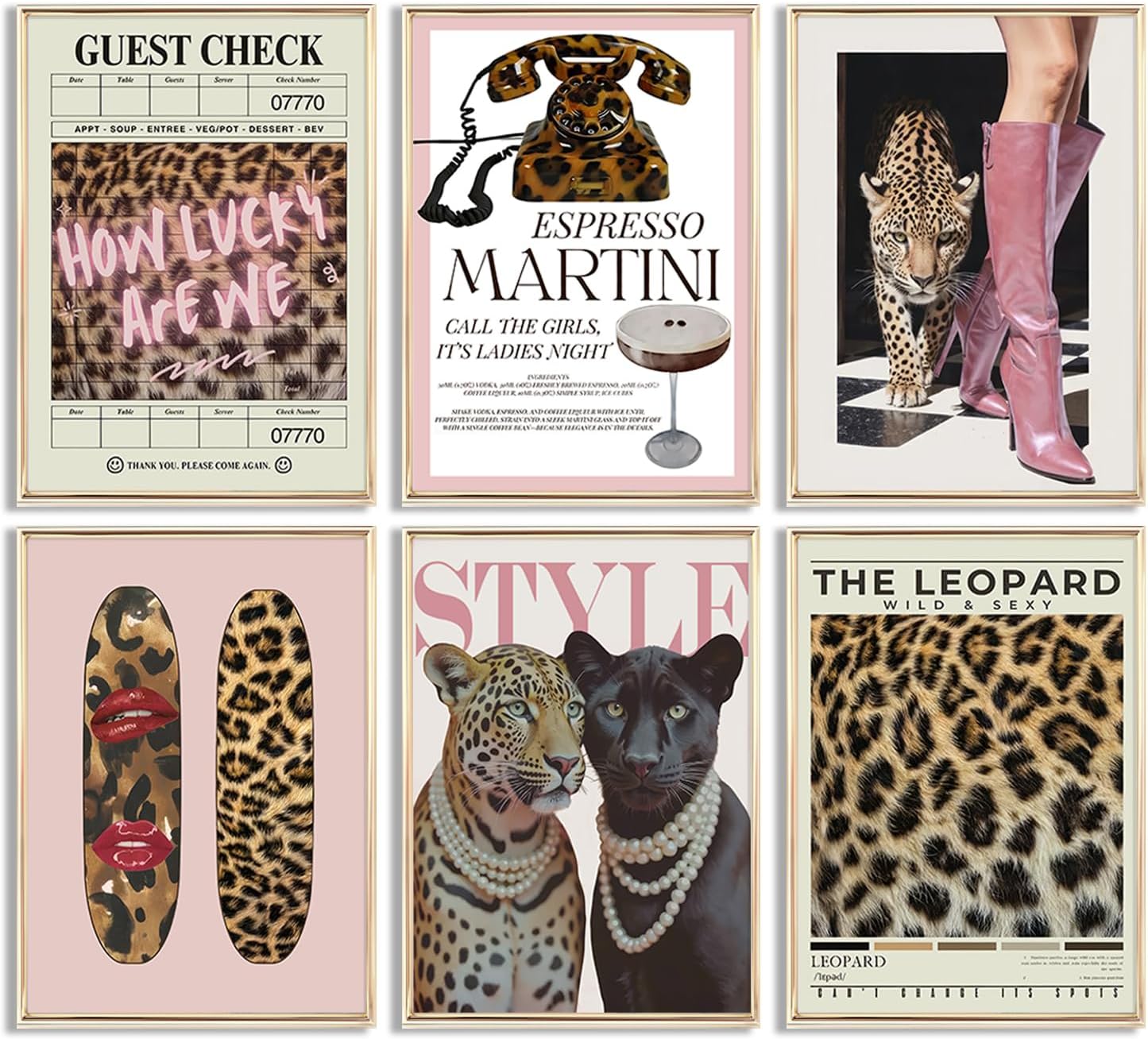 Trendy Pink Leopard Print Wall Art Fashion Woman and Cheetah Pictures Wall Decor Vintage Guest Check Funky Girly Y2K Aesthetic Posters Prints Artwork for Dorm Apartment, Unframed