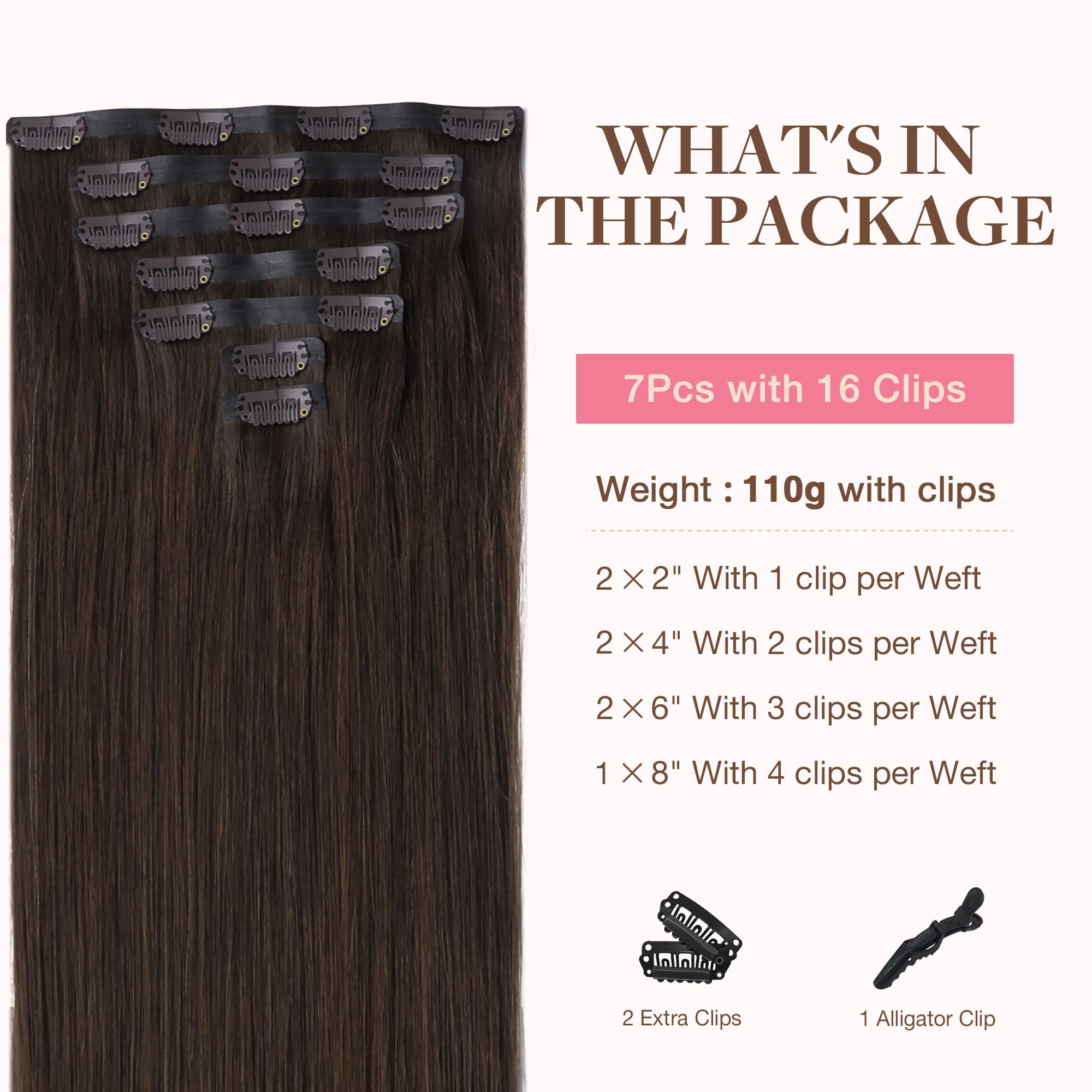 GOO GOO Seamless Clip in Human Hair Extensions, 14inch 110g 7pcs, Hair Extensions Clip in, 2A Light Brown - Image 2