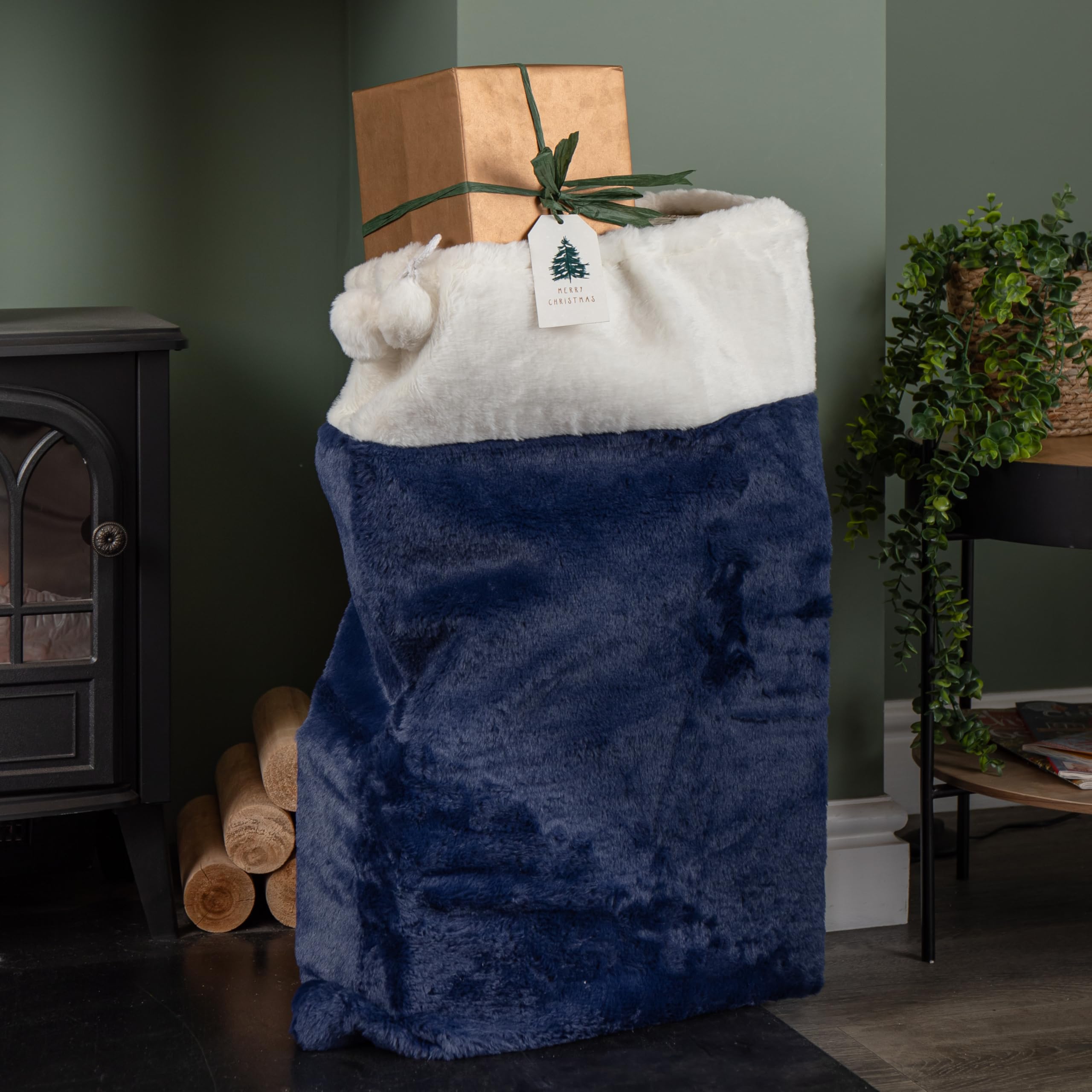 Blue/White 80 X 55Cm Soft Plush Christmas Sack With Faux Fur Trim And Pom Poms