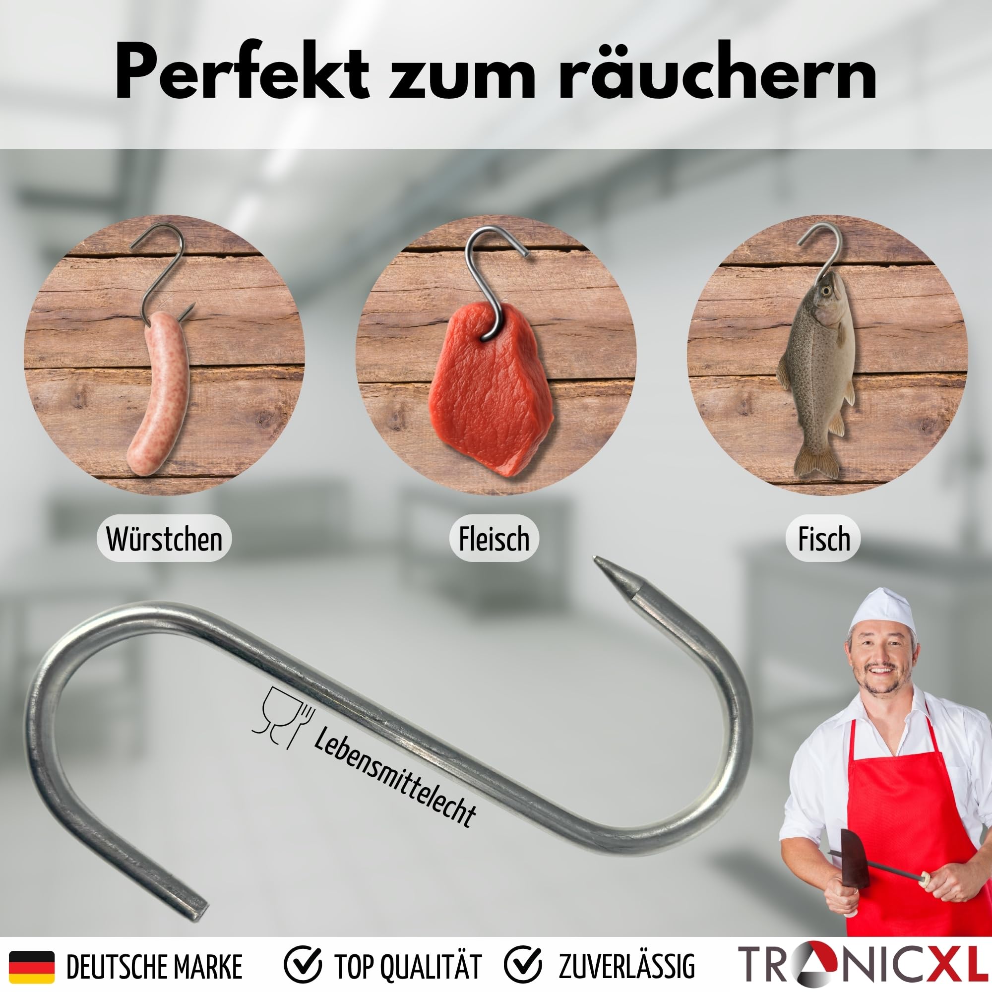 TronicXL Premium - Gancio a S in acciaio inox, 200 mm x 10 mm, per macellaio e affumicatore