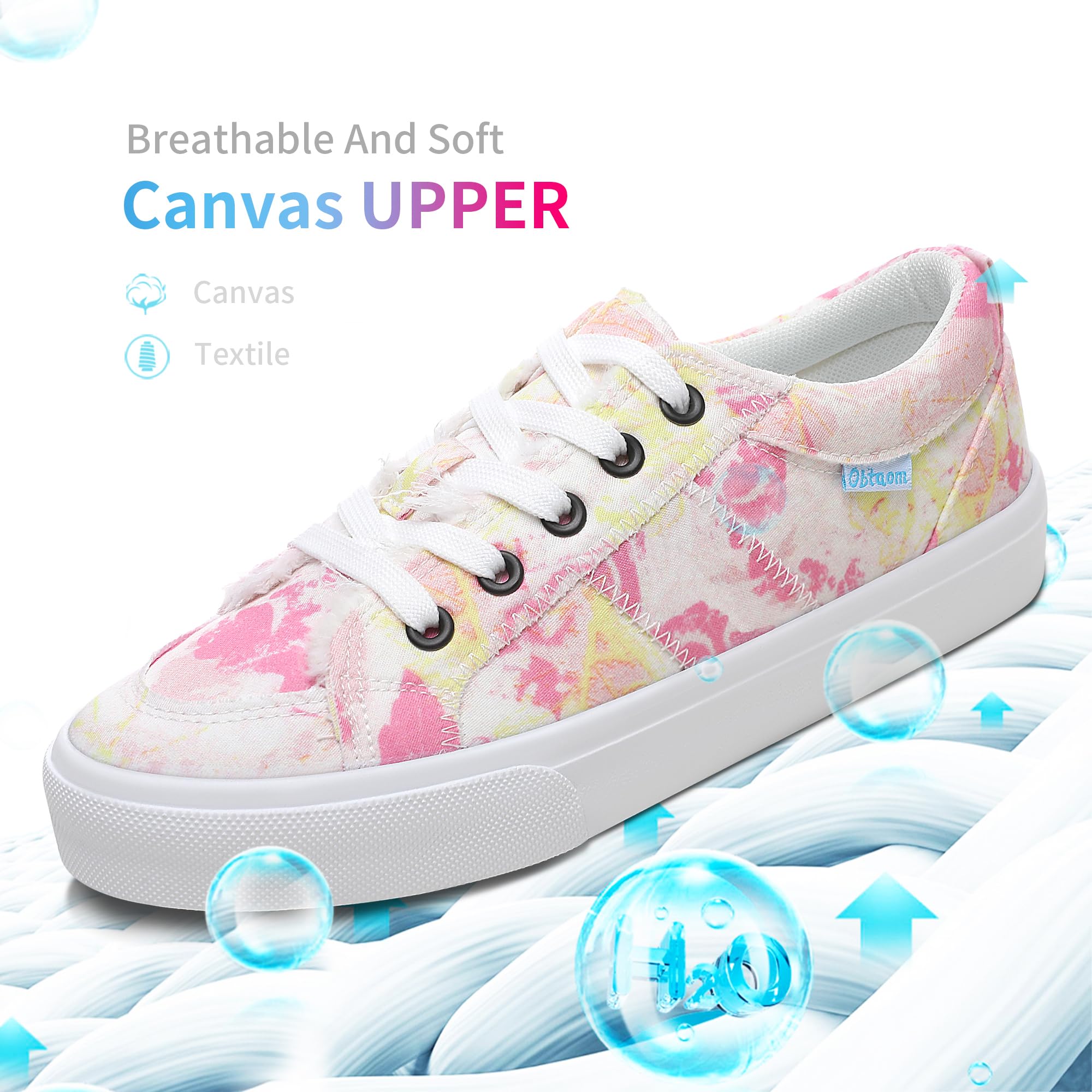 Obtaom Scarpe da ginnastica da donna, bianche, alla moda, con lacci, in tela, basse, lavate, piatte, per donna