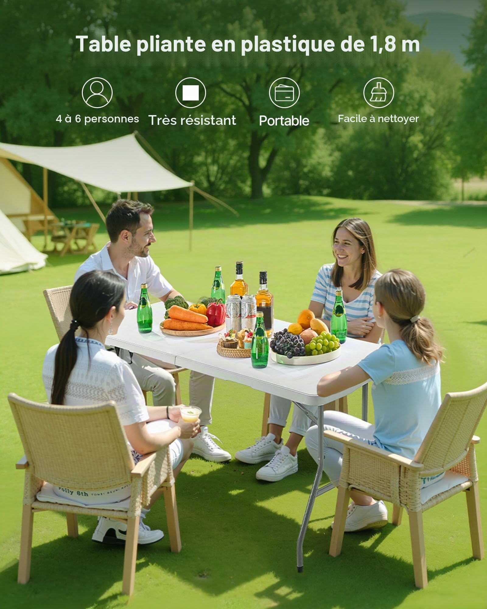 VEVOR Table Pliante Rectangulaire en Plastique, Table Utilitaire Portable de 180 cm, Solide et Stable, avec Poignée Intégrée, pour Soirée, Pique-Nique, Camping, Intérieur et Extérieur, Blanche