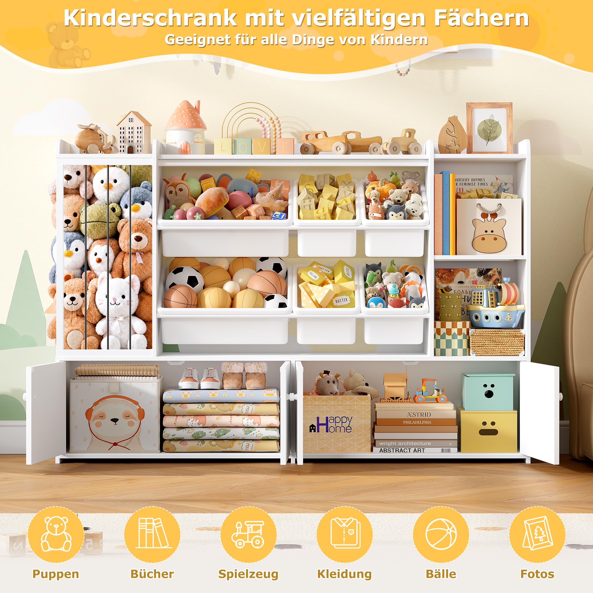 FOREHILL 137cm Breit Kinderregal, Kuscheltier Aufbewahrung, Bücherregal Kinder mit 6 Spielzeugkisten, Spielzeugregal, Kinderzimmer Möbel,Wohnzimmer,Schlafzimmer 137,3x28x94cm Weiß