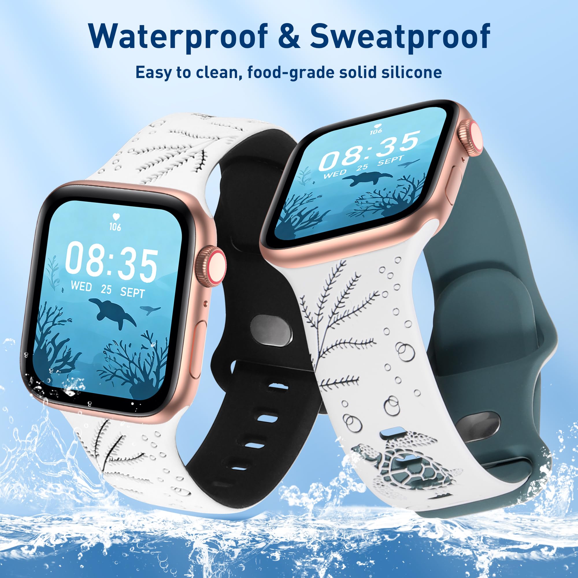 HMFCBFSS Sea Turtle Engraved Band Compatible with Apple Watch Band Women Men 38mm 40mm 41mm 42mm 44mm 45mm 46mm 49mm Two-Tone Cute Sport Silicone Band for iWatch Series 11 10 Se Ultra 9 8 7 6 5 4 3 2 1 - 5