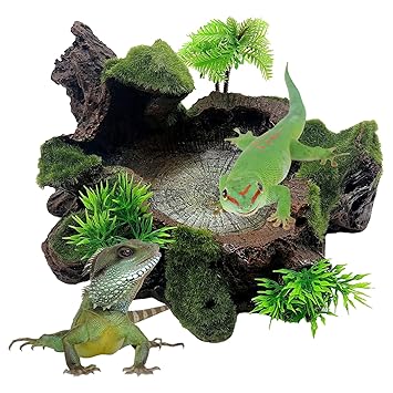 Hamiledyi Artificial Tree Trunk Reptile Platform Resin Reptile Tank Decor Food Water Dish Bowl with Mossy for Bearded Dragon,Lizard, Gecko, Water Frog,Snake