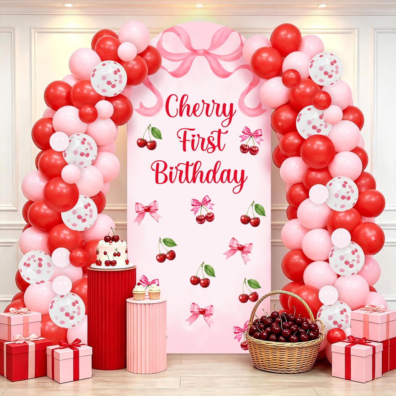 Jollyboom Cherry First Birthday - Kit di copertura per sfondo ad arco con