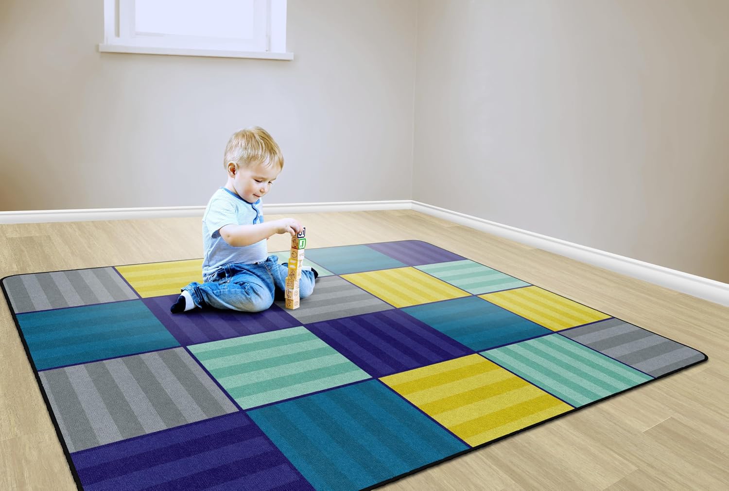 Flagship Carpets Calming Blocks Classroom Educational Area Rug for Kids and Teachers, Durable Quality for Schools, Preschool, Daycare, Learning Centers, and Home, 4' x 6' - CoolBlue