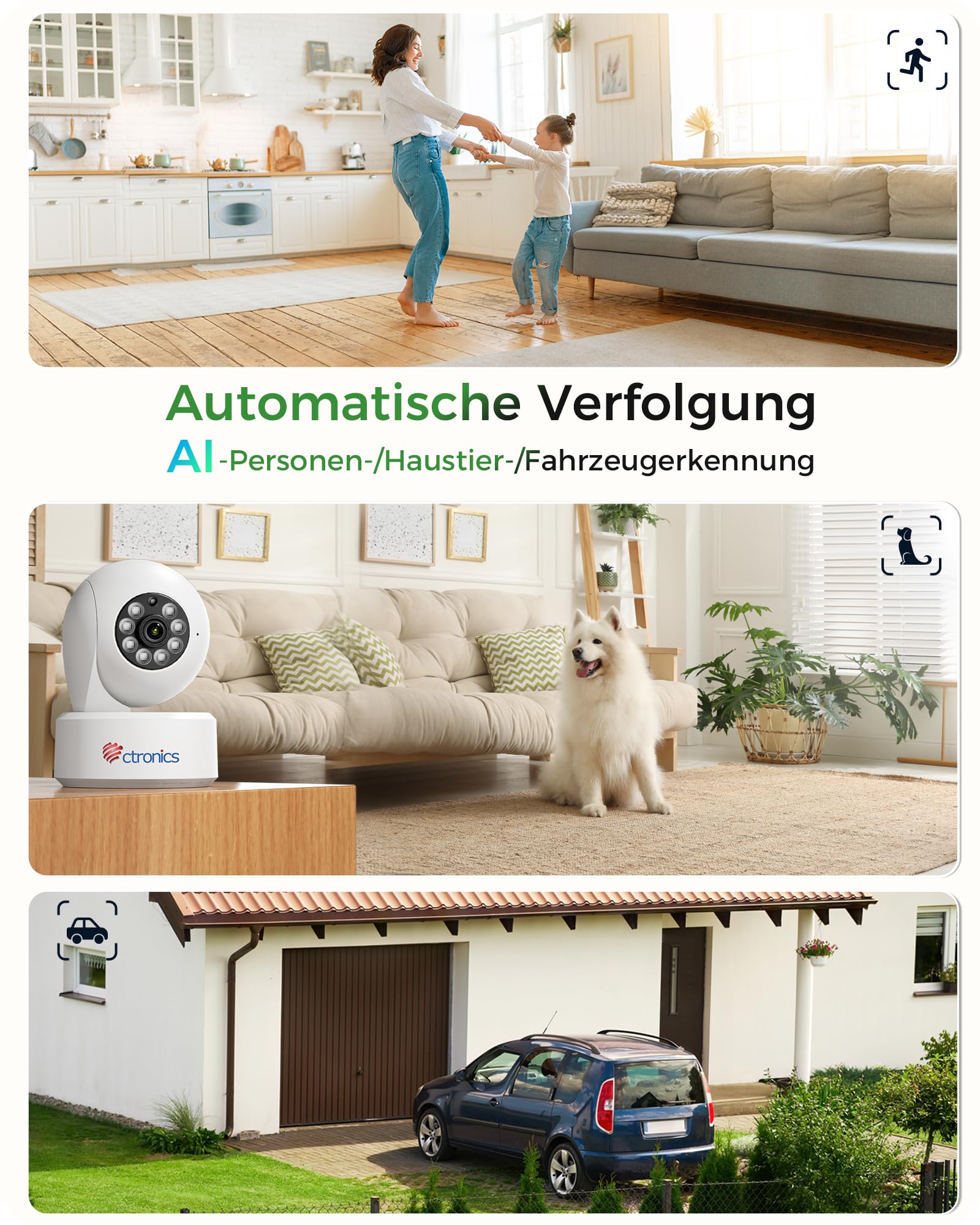 Ctronics 4k Innen Überwachungskamera mit Automatischer Verfolgung, AI Personen-/Haustiererkennung, Cloud/256GB TF-Kartenspeicher, FTP/NVR/NAS, 2,4/5GHz WLAN, 360° PTZ Handy oder PC, 24/7, 2-Wege-Audio