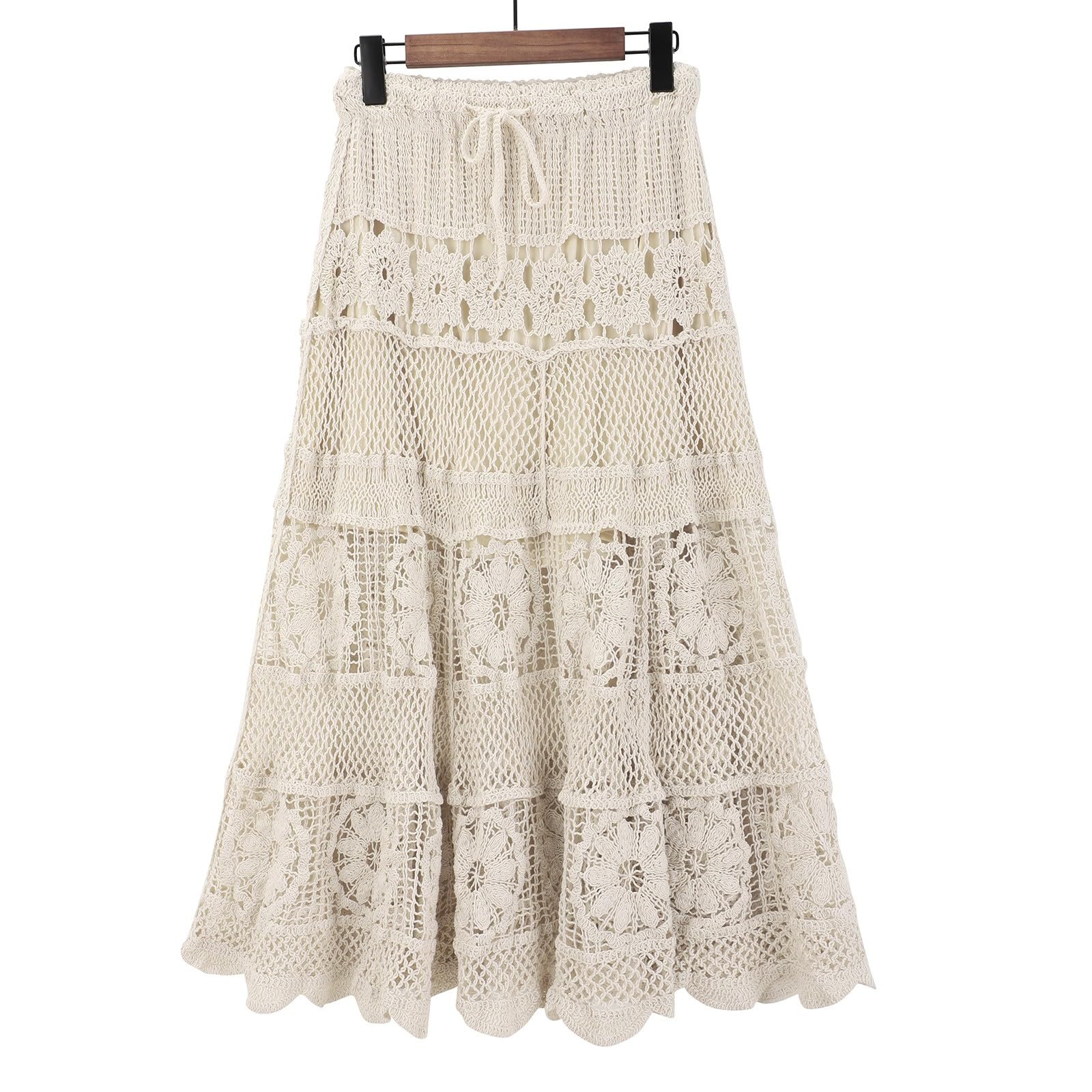 Falda midi de mujer blanca falda de verano hasta la rodilla falda de malla sexy casual con cordón falda plisada cintura alta elástica faldas línea A falda de playa de encaje vestido de verano