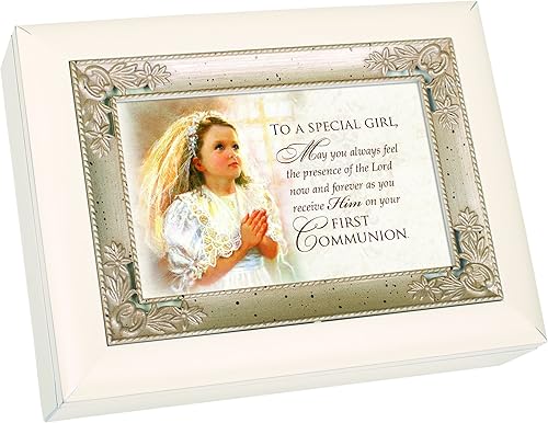 Primera Comunión Chica velo especial brillante marfil joyas en plata Inlay Caja de música Reproduce Canción Ave Maria