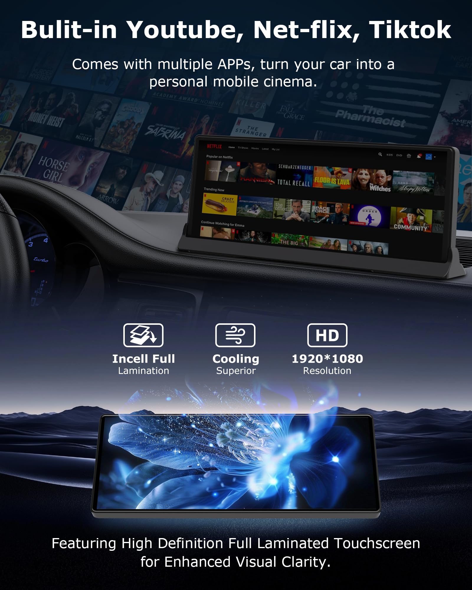 2026 Net-Flix Pantalla Coche Carplay Android Auto con Youtube/Tiktok, Soporte Exclusivo 10,26 Pulgadas Pantalla Carplay Coche Radio Car Play con Cámara de Marcha Atrás WLAN de Doble Banda, Bluetooth