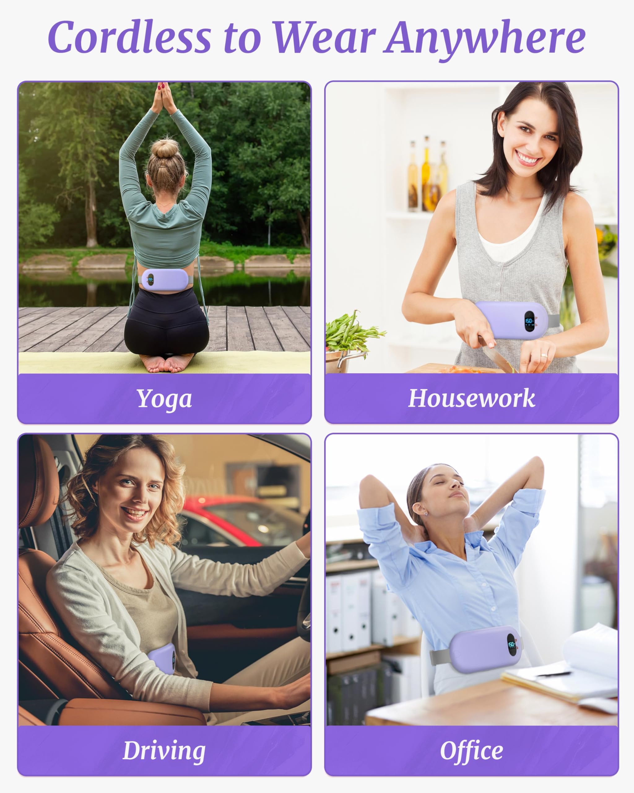 Heat Pad for Period Pain Relief Upgraded 6 Heat Massage Modes Electric Fast Heating Pad for Lower Back Pain Cramp Heated Belt Menstrual Rechargeable USB Heating Pad Gifts for Women Girls Her Purple - Image 3