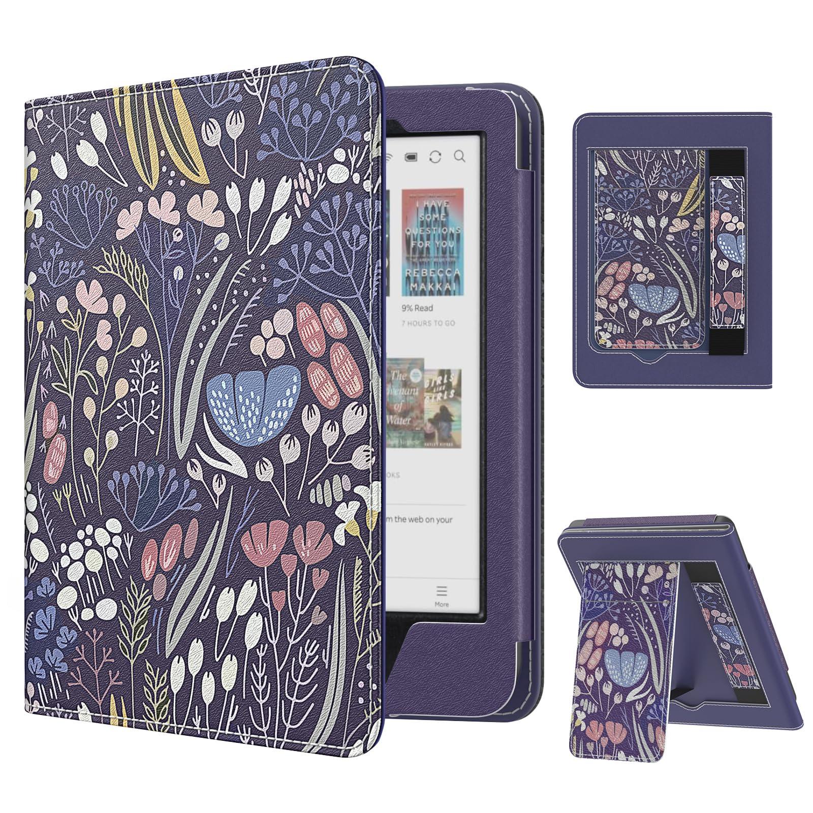 MoKo Case dla Tolino Shine Color/Shine 5(2024)/4(2022) Kobo Clara Colour/BW/2E, PU Cover z Auto-Awakening/Sleep, Slot, Pasek i Podpórka, Nocny Niebieski