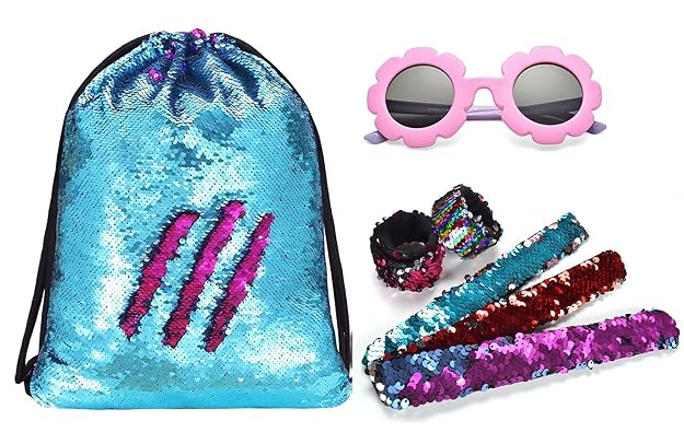 Aashiya Sequin Drawstring bagpack for kids with Sunglasses and Slap Bracelet/Band - Rakhi/Raksha Bandhan Gift for Girls