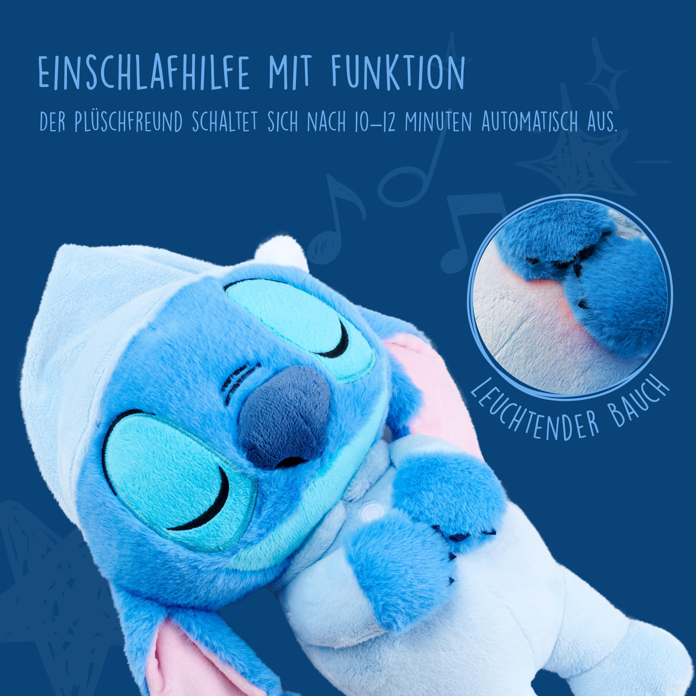 Simba Peluche Stitch Dormilón con Sonido 31 cm. Stitch Acostado con Pijama. Función de Respiración, Luz y Música Relajante. Apto Desde 0 Meses. Licencia Disney Oficial (6315870637)