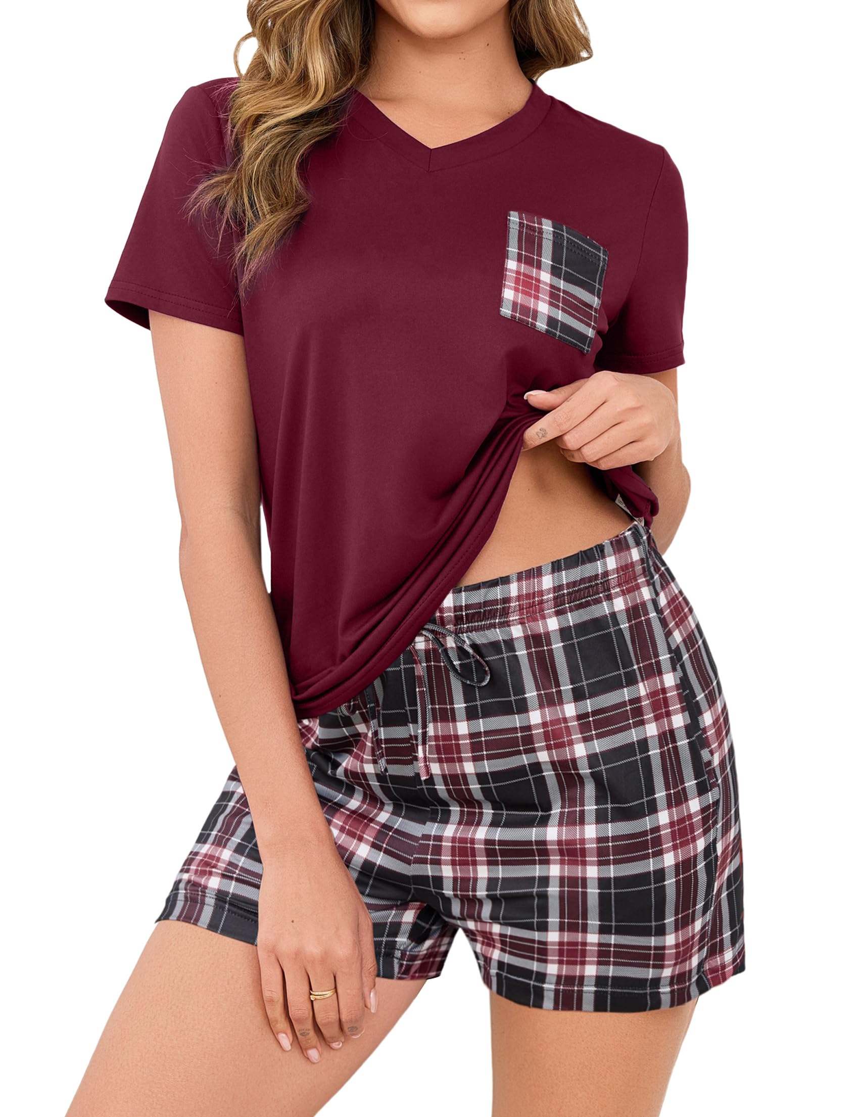 Crewhpo Schlafanzug Damen Kurz Pyjama Kurzarm mit V-Ausschnitt Nachtwäsche Zweiteiliger Baumwolle Schlafanzüge Karierter für Sommer Loungewear Set Frauen Freizeitanzug
