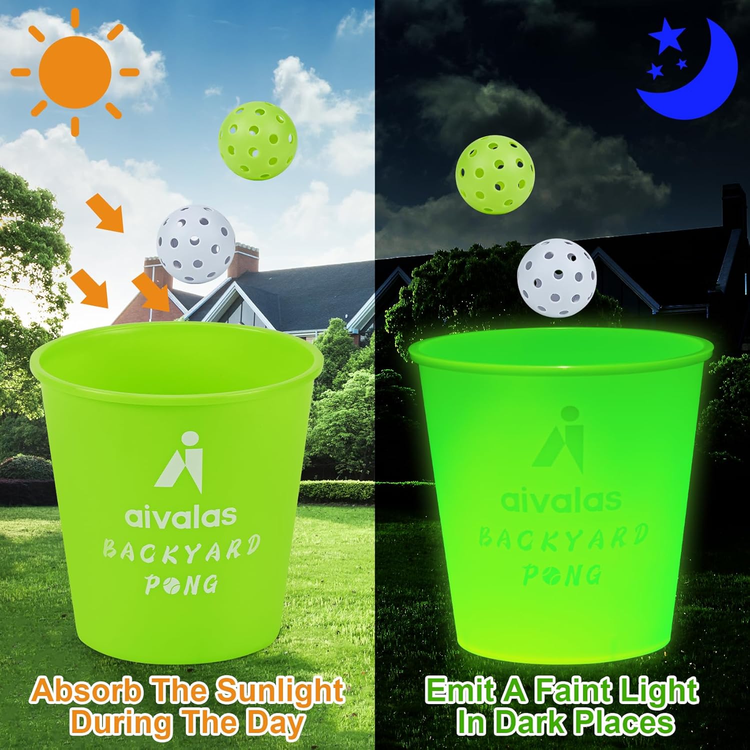 Aivalas Yard Pong Outdoor Games Glow Set in Dark, Giant Yard Pong Game for Adults and Family with 12 Buckets, 4 Balls and a Carrying Bag, Giant Pong for Beach, Camping, Lawn and Backyard