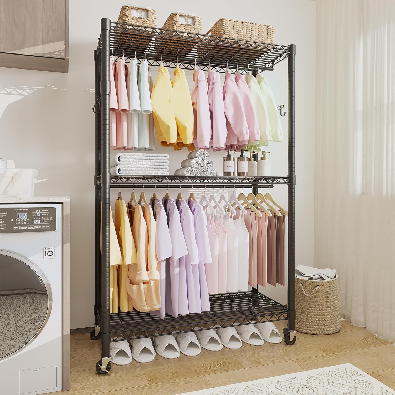 Heavy Duty Clothes Racks for Hanging Clothes, 3-Tier Rolling Garment Rack with Shelves, Wheels and 2 Hanging Rod, Closet Organizers and Storage for Bedroom Dorm Laundry, Black