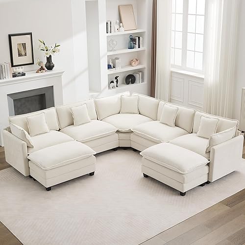 Miniatura 29 de Sofá seccional de 111'' con asiento profundo tipo nube, sofá seccional moderno y cómodo de chenilla en forma de L para juego de sala de estar, sofá