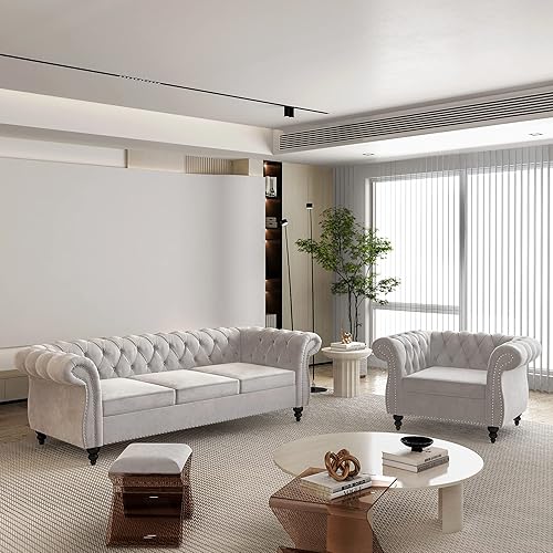 Miniatura 17 de Juego de 2 piezas para sala de estar, sofá loveseat Chesterfield de terciopelo con silla, brazos enrollados y tachuelas para sala de estar, oficina