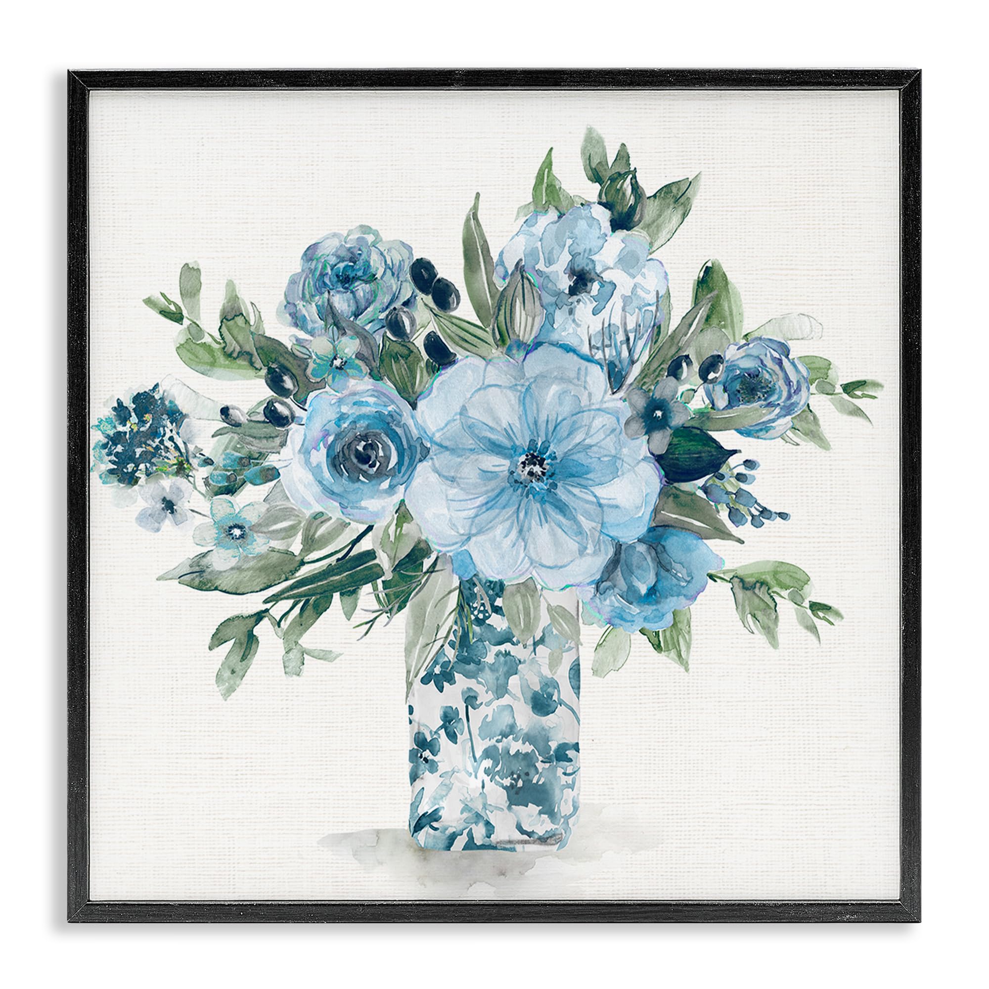 Stupell Industries Midnight Black (Textured) Pastel Blue Bouquet Floral, 24 X 24 Inch Framed Giclée Print