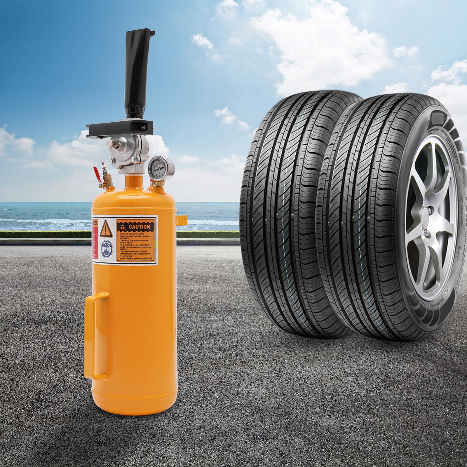 Inflador de neumáticos de 8 l, perfecto para motocicletas y vehículos eléctricos, presión de funcionamiento de 0,6 – 0,8 mpa, material de hierro y acero, presión máxima de 145 psi, color amarillo