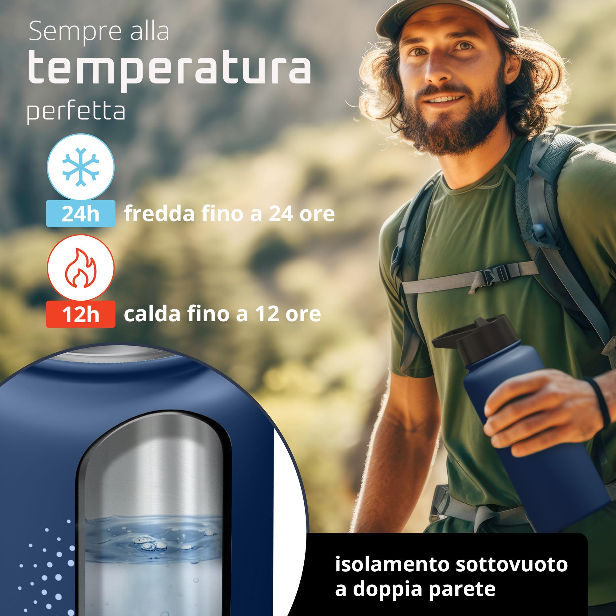 BeMaxx Borraccia Termica con Cannuccia ACTIVE FLASK 1 litro 750 ml 500ml (3 Tappi Infusore per Tè e Frutta), Senza BPA | Bottiglia Termica Acciaio Inox Isotermica - Palestra Sportiva Ufficio Fitness