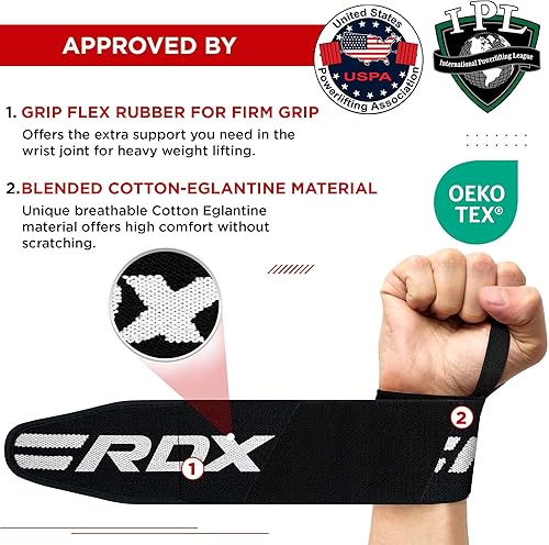 Miniatura 4 de RDX Muñequeras para levantamiento de pesas (par), aprobadas por IPL USPA, correas elásticas de algodón de 18 pulgadas, soporte con bucle para el