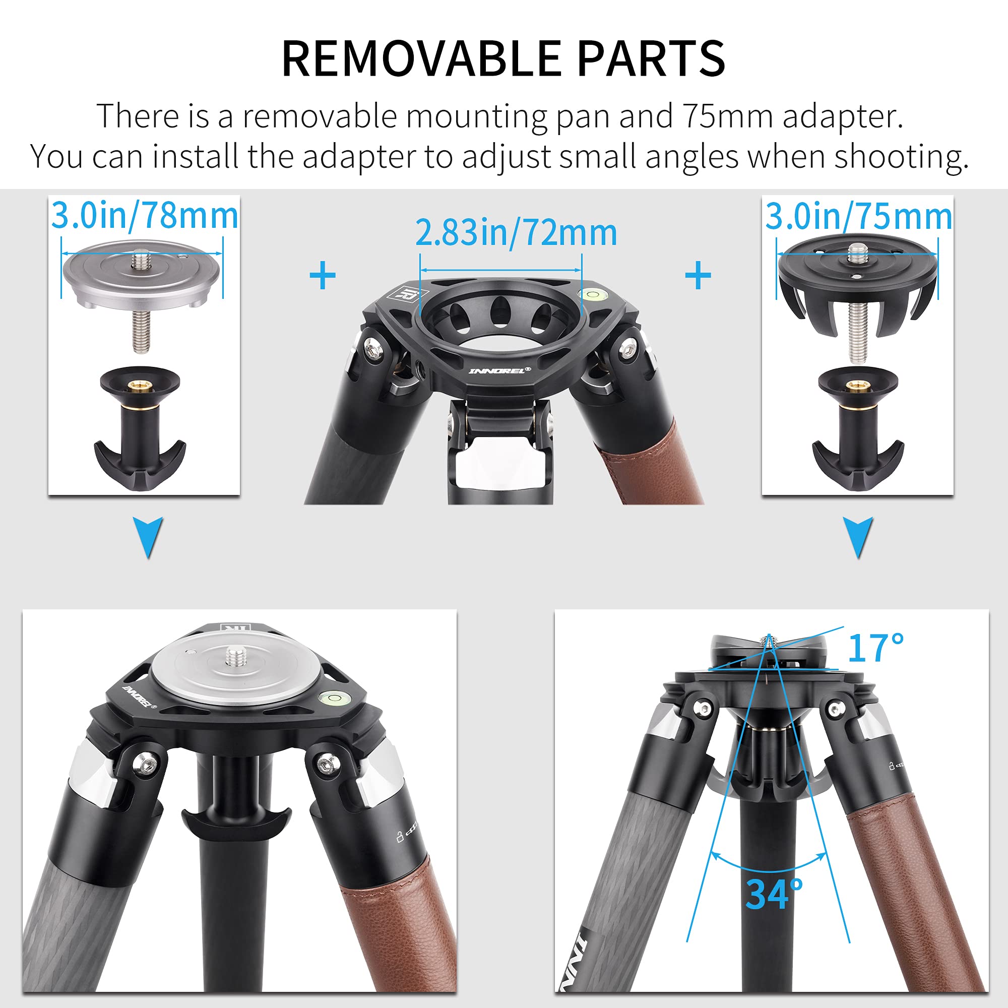 Treppiede in fibra di carbonio INNOREL ST424C Supporto per fotocamera professionale per impieghi gravosi con adattatore per ciotola da 75 mm tubo da 42,4 mm Carico massimo 42 kg Altezza massima 170 cm