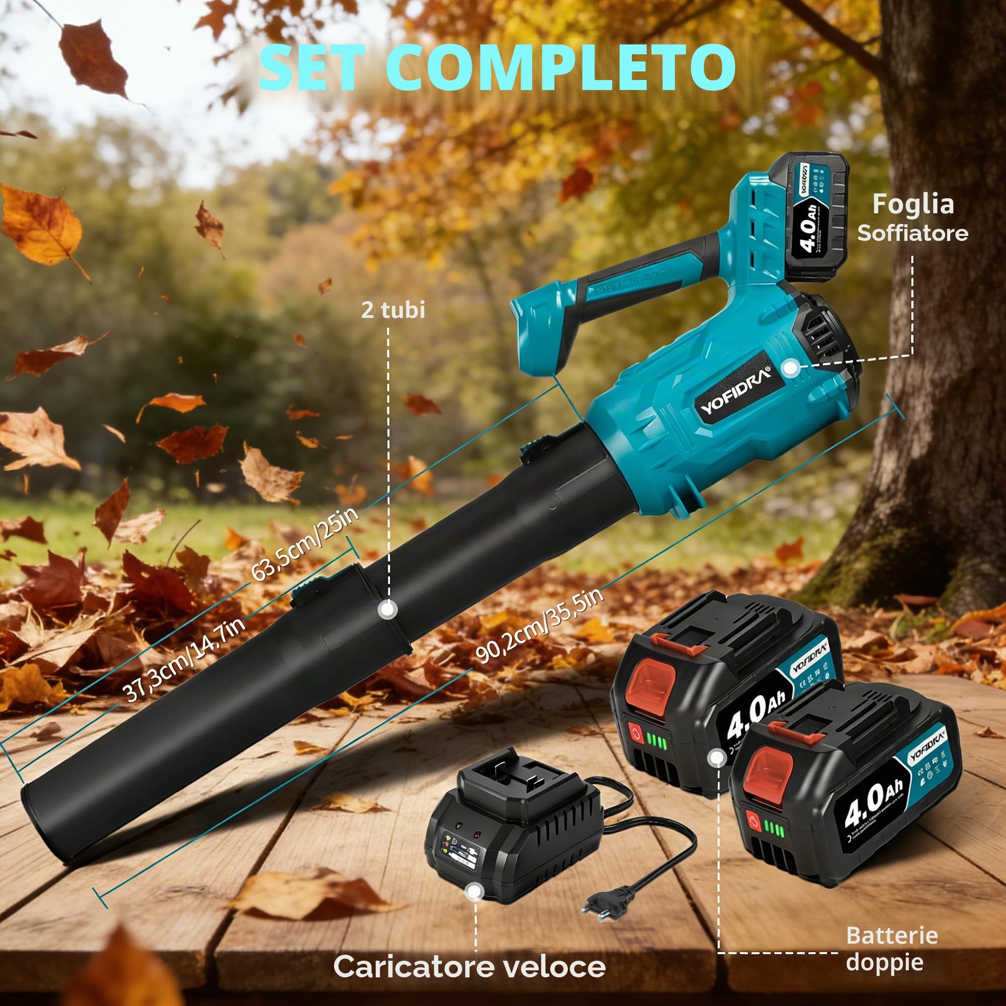 Yofidra Soffiatore per Foglie Senza Fili, 400 km/h, Motore Spazzole 25000 RPM, 6 Velocità, 2 Batterie e Caricatore, Soffiatore a Batteria per Giardino, Foglie, Polvere e Neve