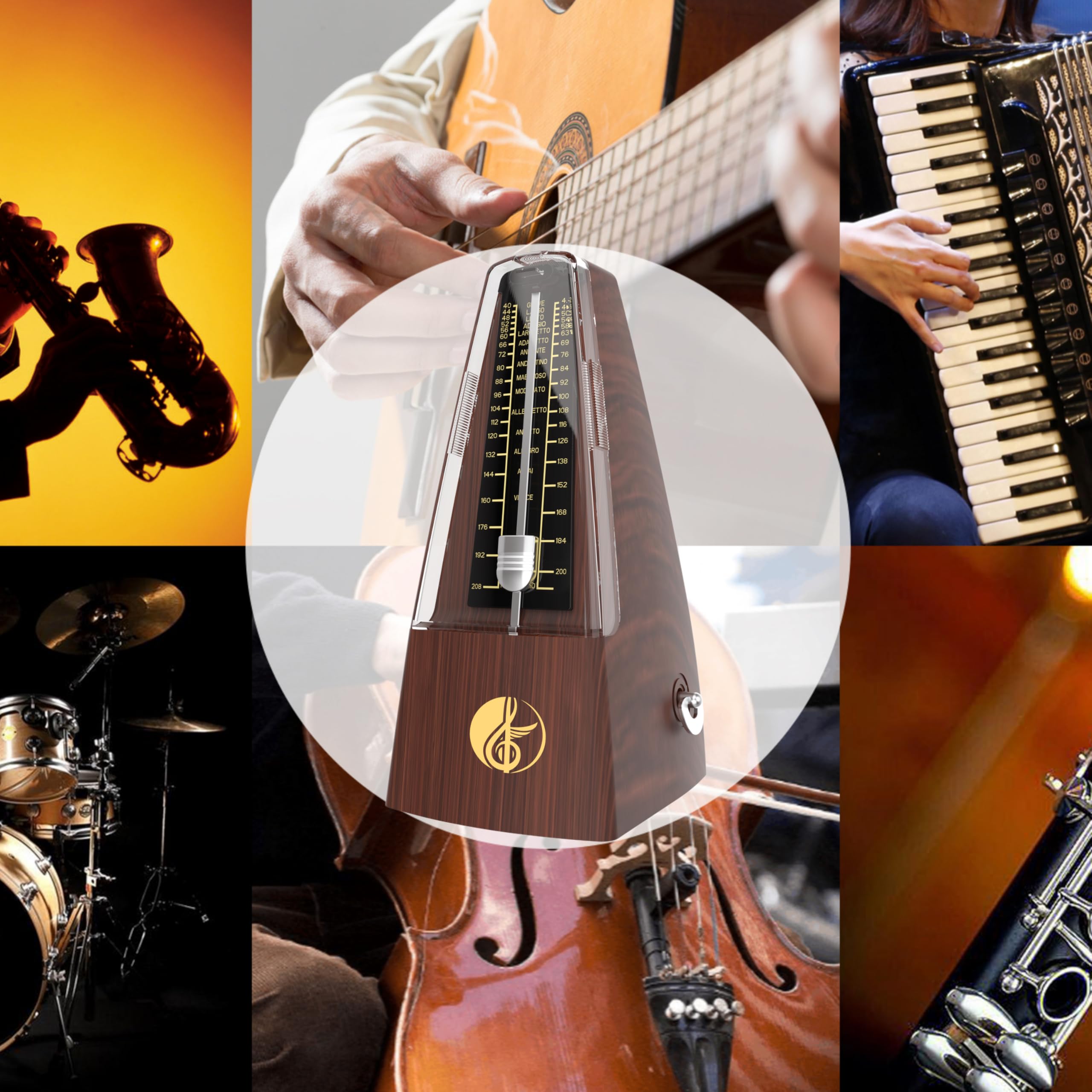 M355 AUPHY Métronome Mécanique Avec Cloche, Rythme Précis Facile Utiliser Forme Classique, Métronome Mécanique Universel pour Piano Guitare Saxophone Batterie Clarinette ect,Faux Bois