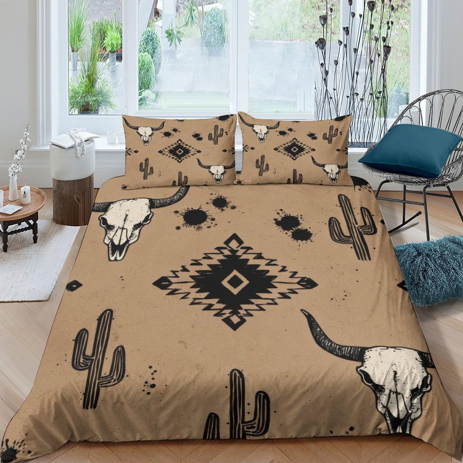 Ctjqhvkz Style-3 3D Printed Western Cowboy Skull Fitted Sheet Microfiber Cactus Bed Cover For Bedroom Decor Dustproof Machine Washable Single（135X200cm）