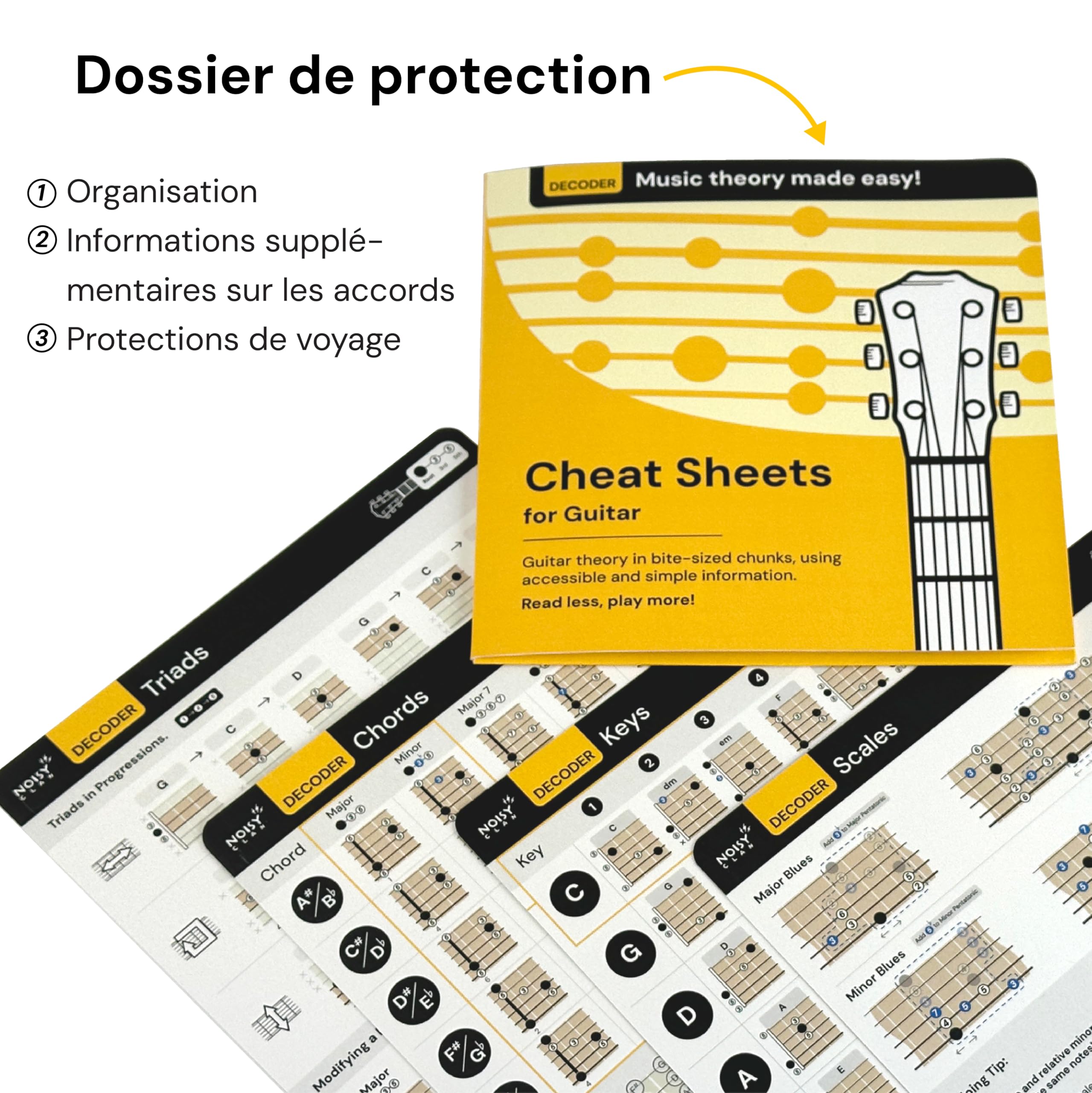 Noisy Clan Fiches Théorie Guitare – Maîtrisez Accords et Gammes avec Cartes Plastifiées – Set Nomade avec Pochette – 4 Cartes 8x8"