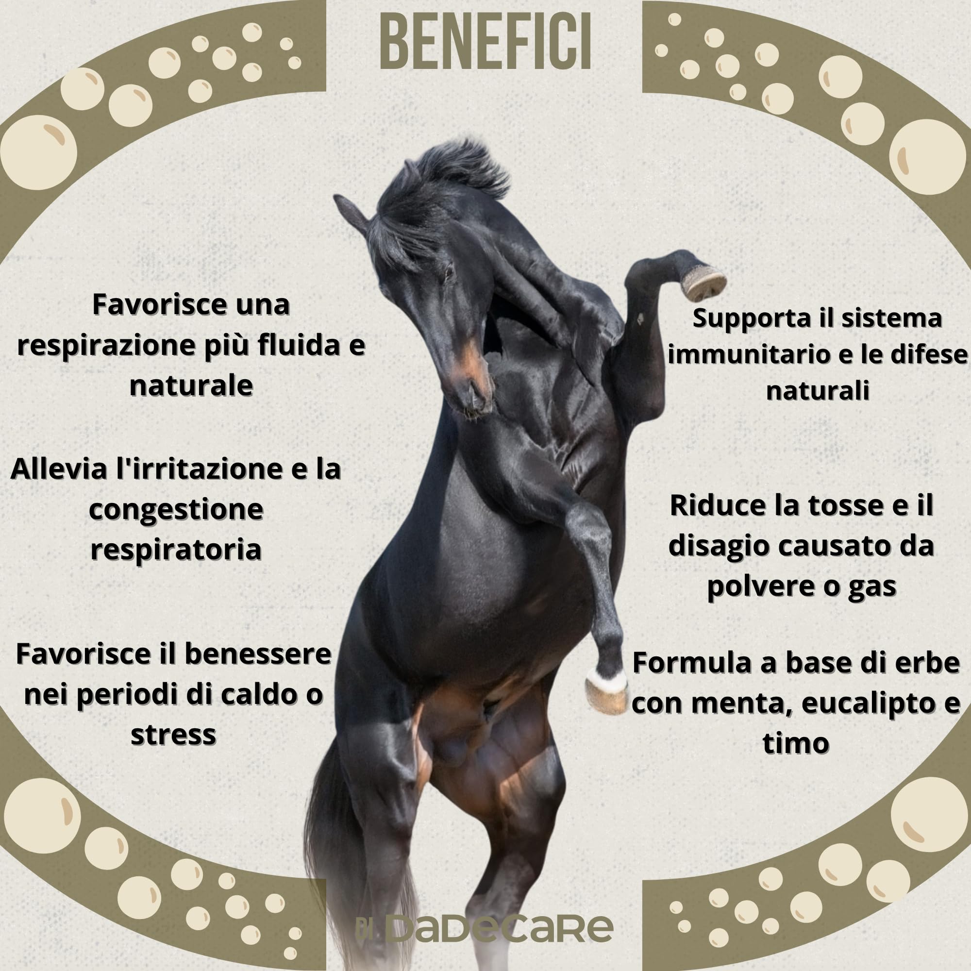 DADECARE Bronzo - Respiratorio Cavalli 1L - Estratti di menta piperita, Eucalipto, Timo ed Erbe - Rinforzo Immunità e Benessere Polmonare - Ideale in ambienti con polvere, calore o stress