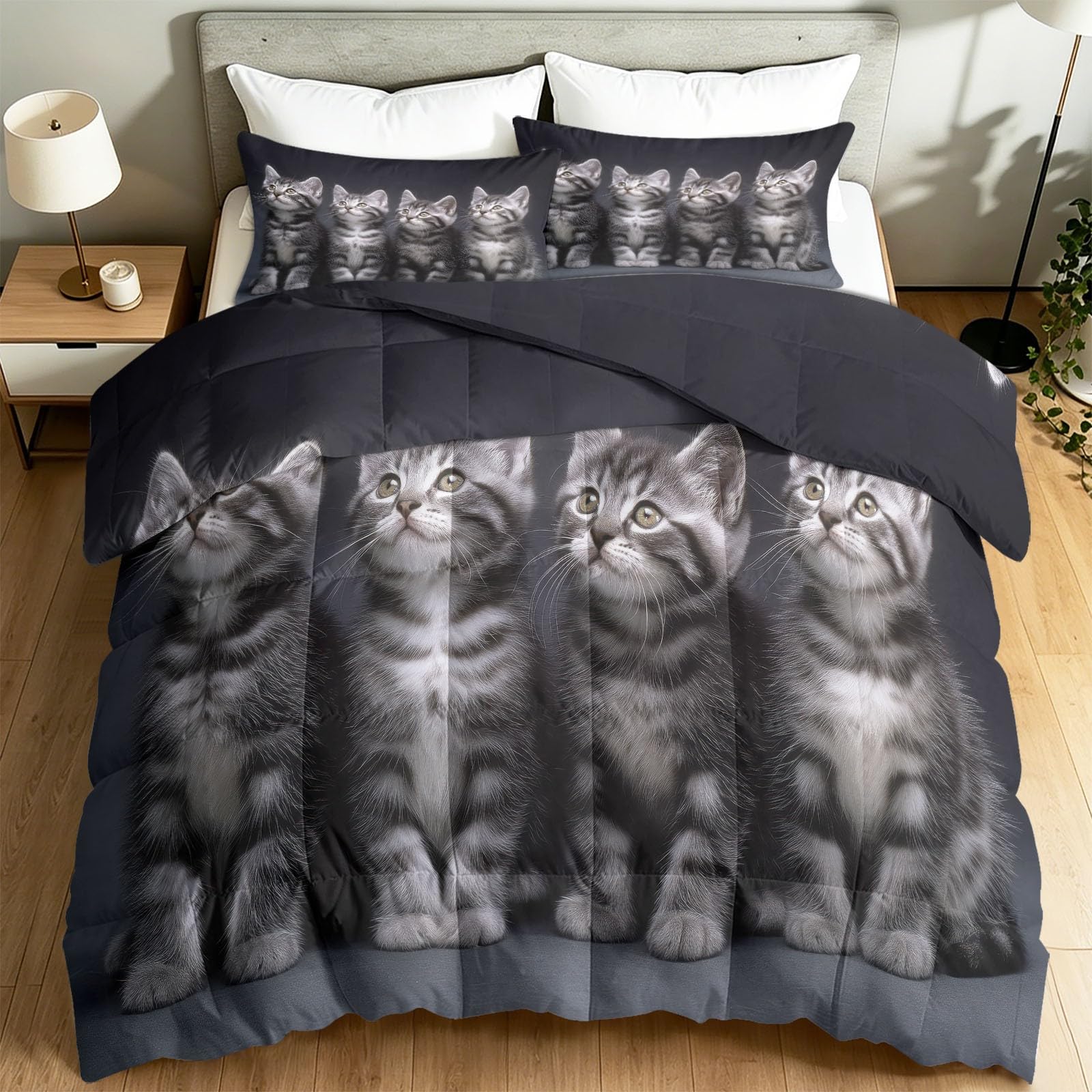 Bettdecke ohne Bezug 135 x 200 cm Set, Haustier Kätzchen Waschbare Ganzjahresdecke, Modern Silber Getigert Tier Katze Wendebettdecke Verstärkte 3 teilige - Dunkelgrau 4 Jahreszeiten Schlafdecke