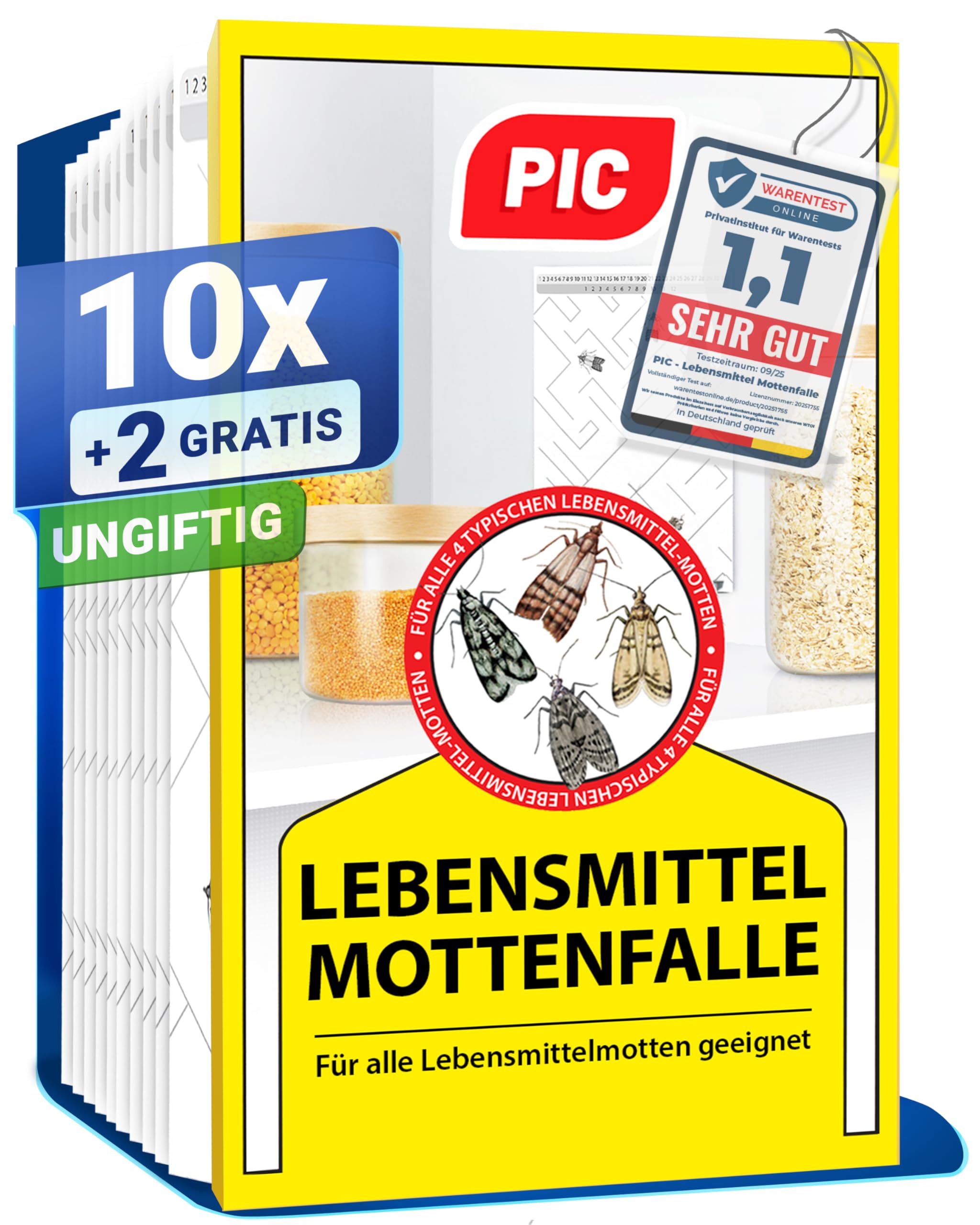 PIC Lebensmittelmotten Falle – 12x Pheromonfallen Motten mit hoher Lockwirkung | Effektive Mottenfalle zur Befallsermittlung - Mottenpapier geruchlos