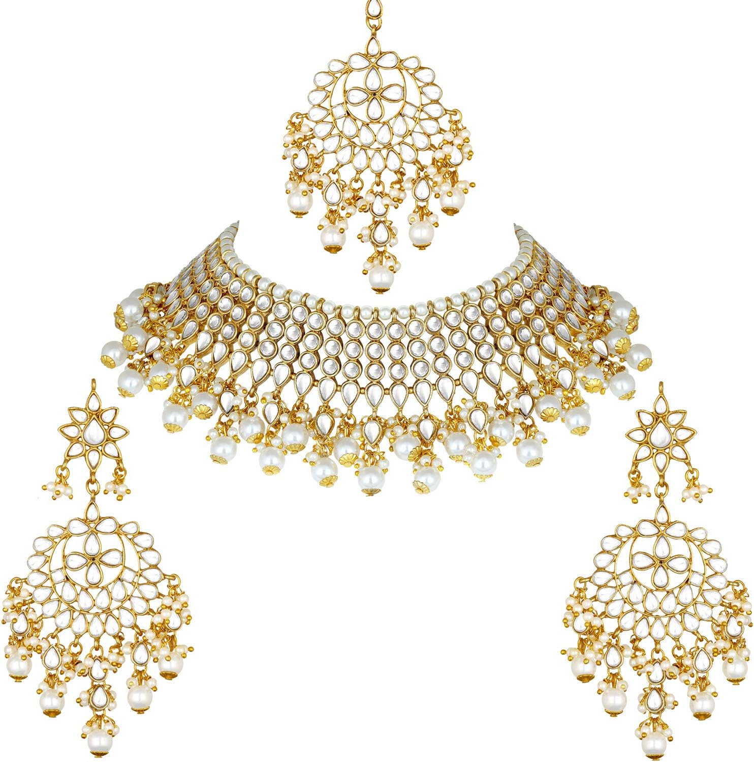 Aheli White Pearl Faux Kundan Choker Necklace with Earring Maang Tikka Indian Traditional Bollywood Ethnic Bridal Jewelry Set for Women
