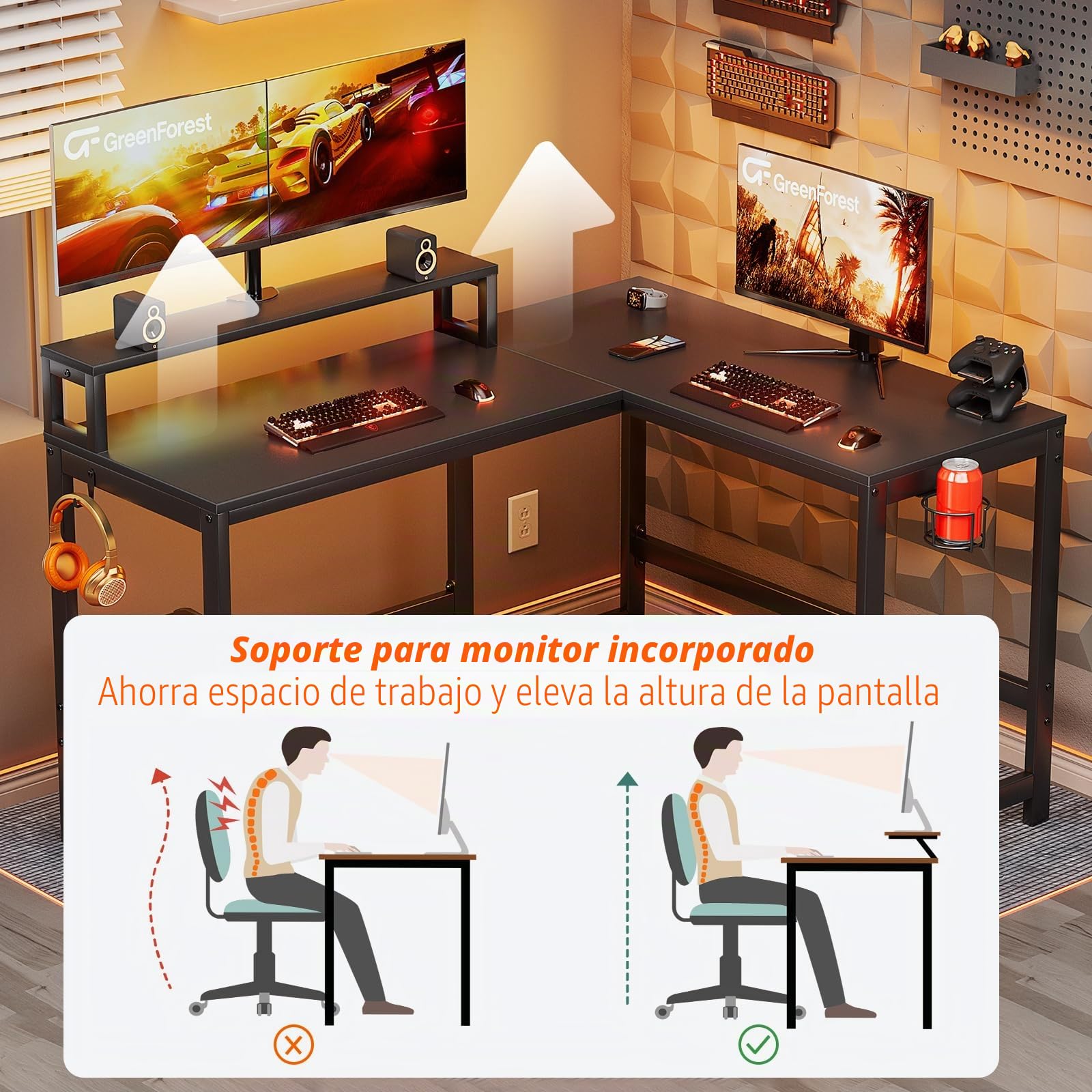 GreenForest Escritorio para juegos en forma de L con portavasos y gancho para auriculares, reversible de 128 cm para computadora con soporte para monitor