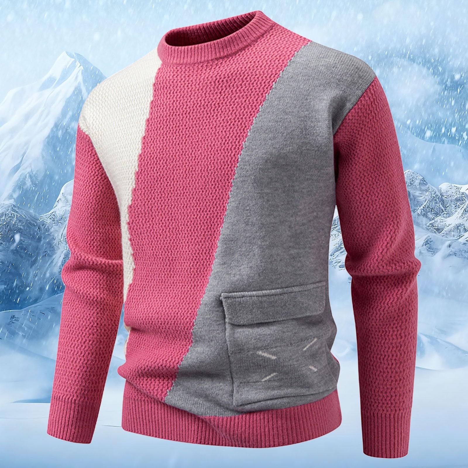 Generisch Jersey de punto para hombre, manga larga, cuello redondo, jersey de invierno, jersey de patchwork, jersey de punto fino, suéter de trabajo, cómodo jersey de ocio, ropa de calle
