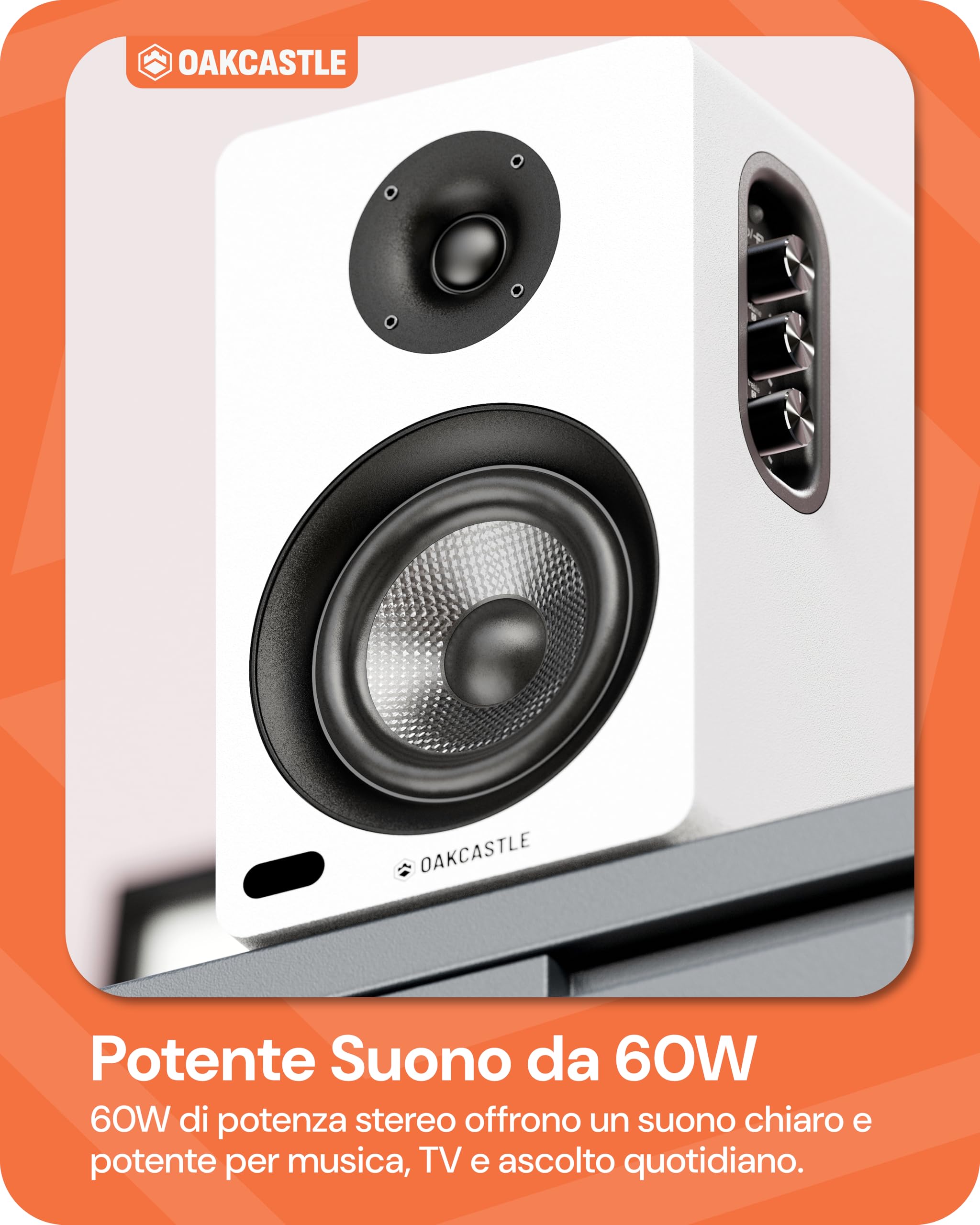 Oakcastle BK100 Casse Attive Amplificate Coppia | 60W 2.0 Casse PC Bluetooth 5.4 | Altoparlanti TV HDMI ARC | Altoparlante per Giradischi | Altoparlanti Stereo Hifi con Telecomando Incluso (Bianco)