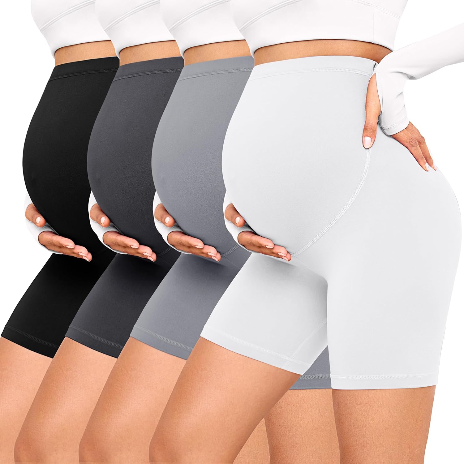 VALANDY Creamlush 4 Pack Maternity Shorts–Over The Belly Buttery Soft Stretchy Maternity Lounge Yoga Shorts