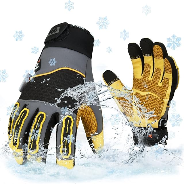 Vgo... -20/-4°F Winter Mechanic Gloves,Cold Weather Waterproof Medium Duty Safety Work Gloves,Cold Storage or Freezer Use(CA7724FLWP,Gray+Yellow,M,1Pair)