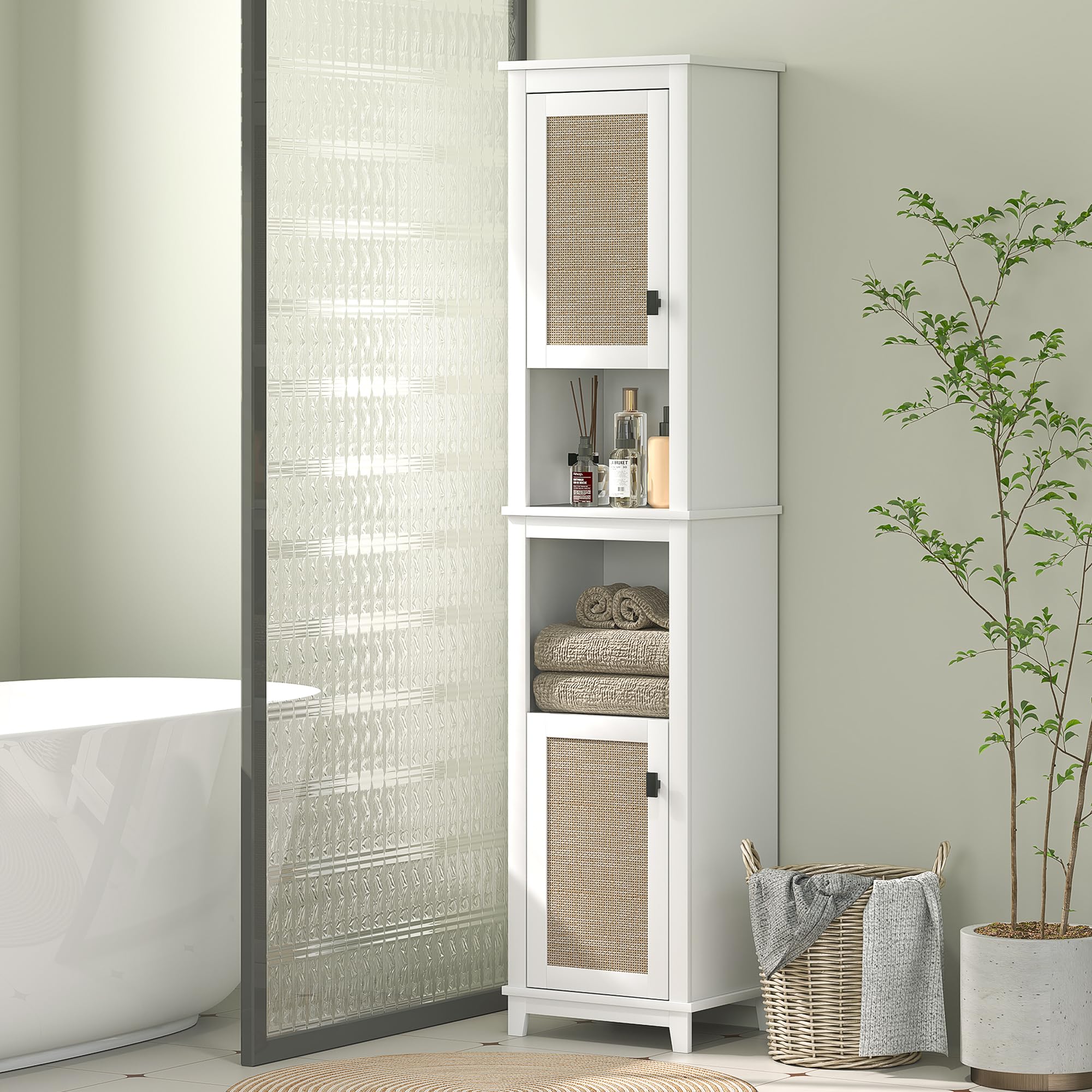 HOMCOM Columna de Baño 2 Puertas y 2 Compartimentos 40x30x167,5 cm Blanco | Frontal de Ratán, Armario Alto de Baño Boho, Estantes Ajustables