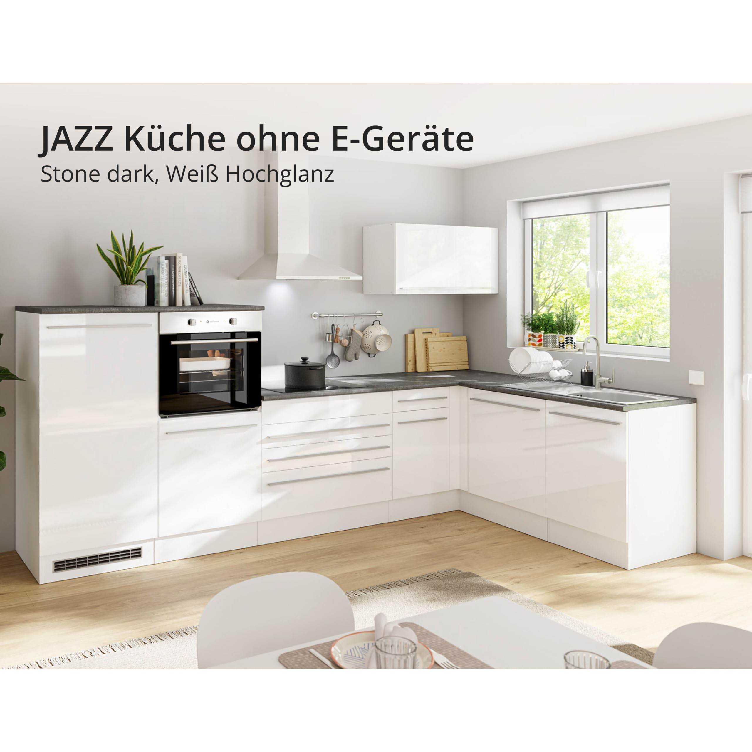 Jazz 4 Moderne Eckküche ohne Elektrogeräte in Weiß Hochglanz, Metallic Grau - Geräumige Küchenzeile in L-Form mit viel Stauraum - 320 x 200 x 60 cm (B/H/T)