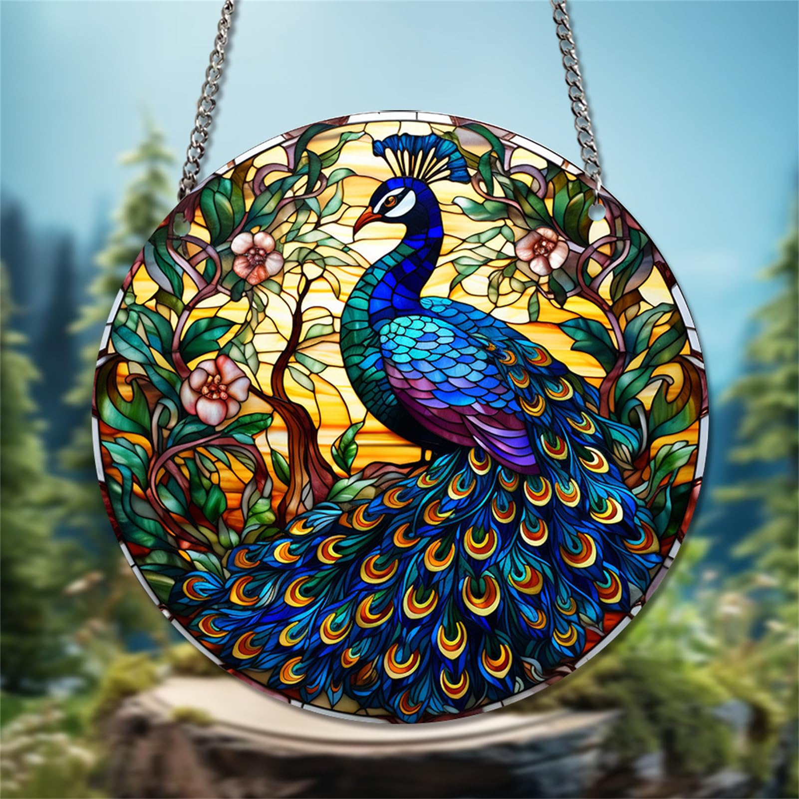 WOHAHA Peacock Round Stained Acrylic Window Hanging Panels Plants Flower Indoor Outdoor Windows Hanger Kitchen Bedroom Office Garden Wall Art Decor