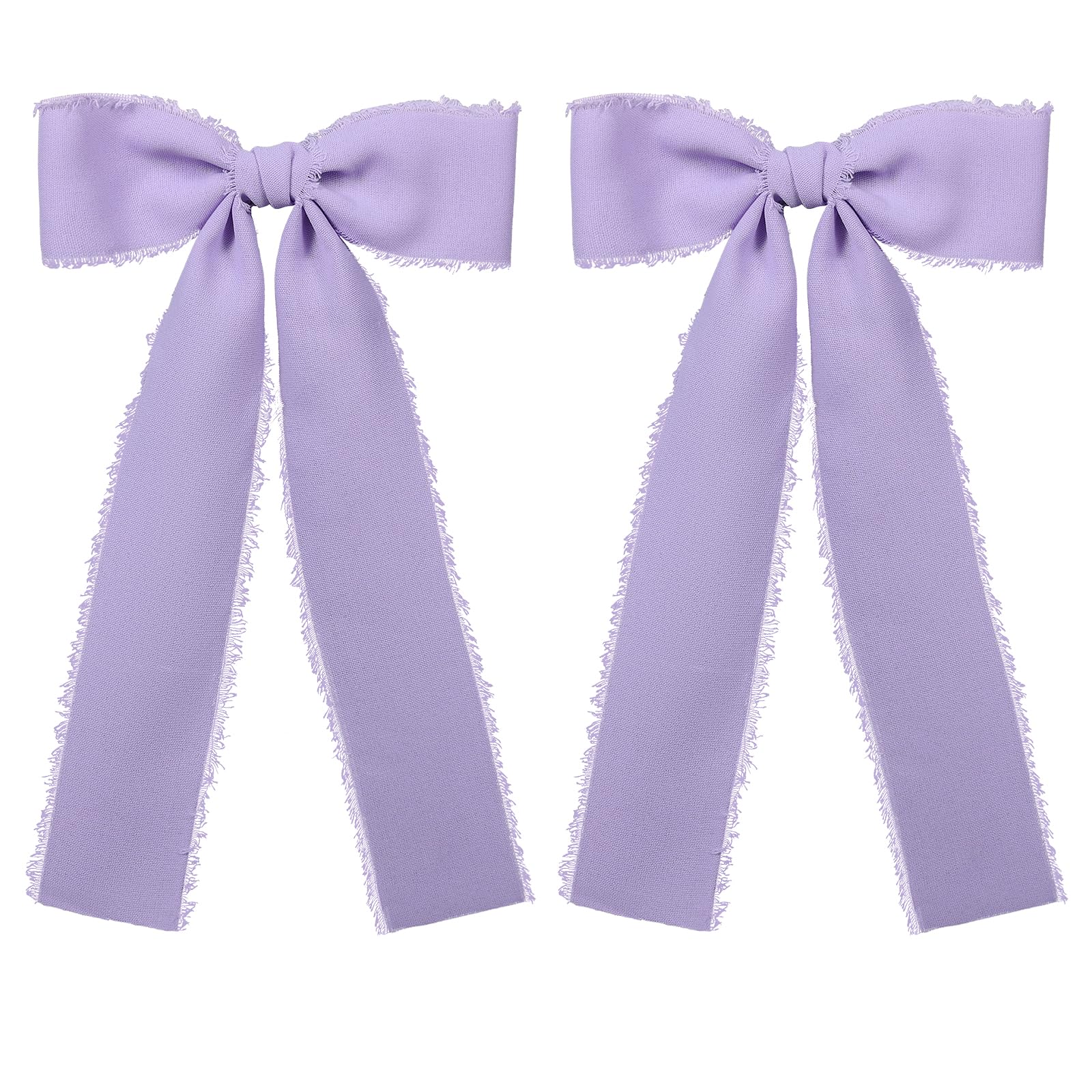 Light Purple Long Tail Poly Chiffon Hair Ribbon Hair Bow Clips 5.5" Handmade Cotton Linen Frayed Fringe Fabric Silky Bowknot Barrettes For Women Girls