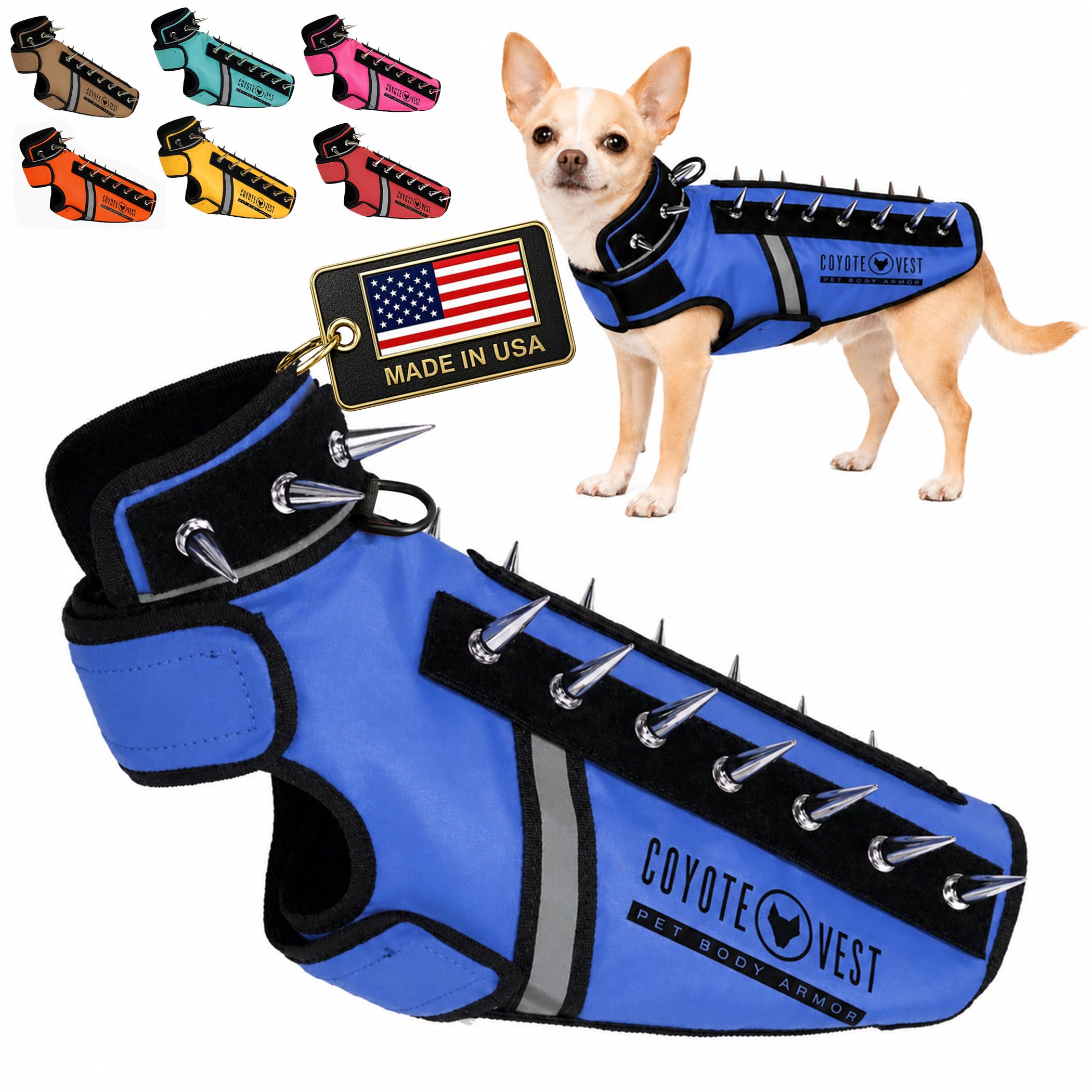 CoyoteVest SpikeVest Dog Harness | Stab-Resistant Protective Vest | Coyote Vest for Dogs | Defends Against Coyotes, Dogs, Birds of Prey | Reflective Safety, Made in USA (XXS-Royal Blue) โ image 1