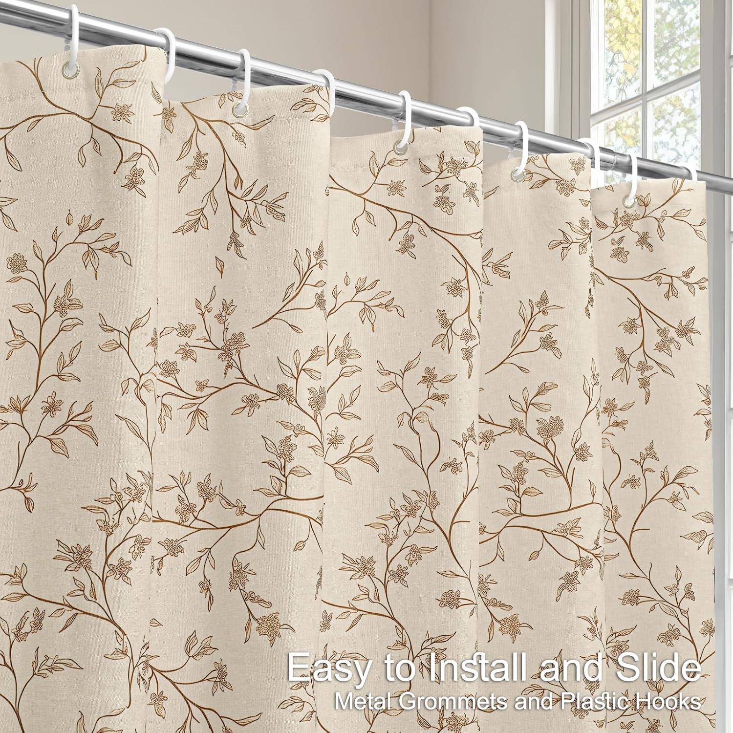 Beige Tan Floral Shower Curtain Linen, Twiggy Leaves Flower Shower Curtain for Bathroom 72x72, Luxury Farmhouse Chic Bathroom Décor